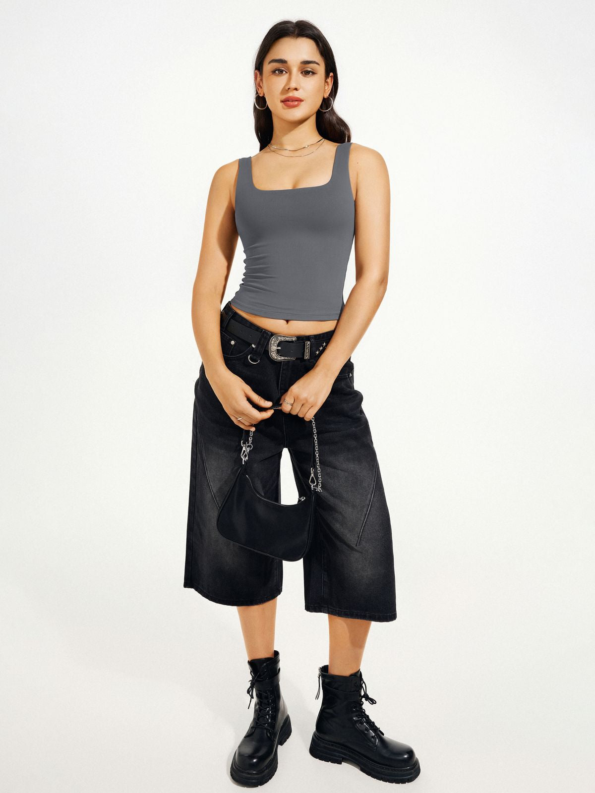 Square Neck Tank Top Double Lined Basic Crop Tops