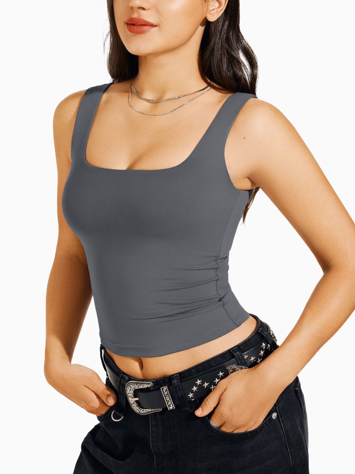 Square Neck Tank Top Double Lined Basic Crop Tops