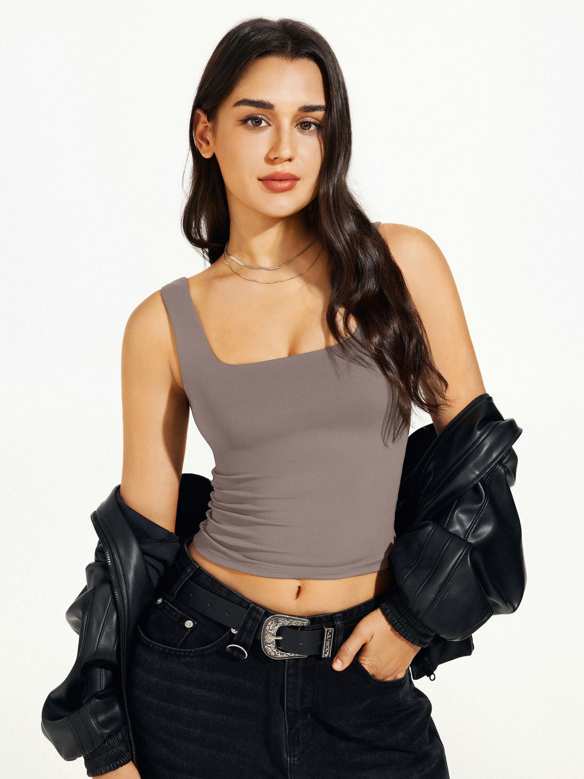 Square Neck Tank Top Double Lined Basic Crop Tops