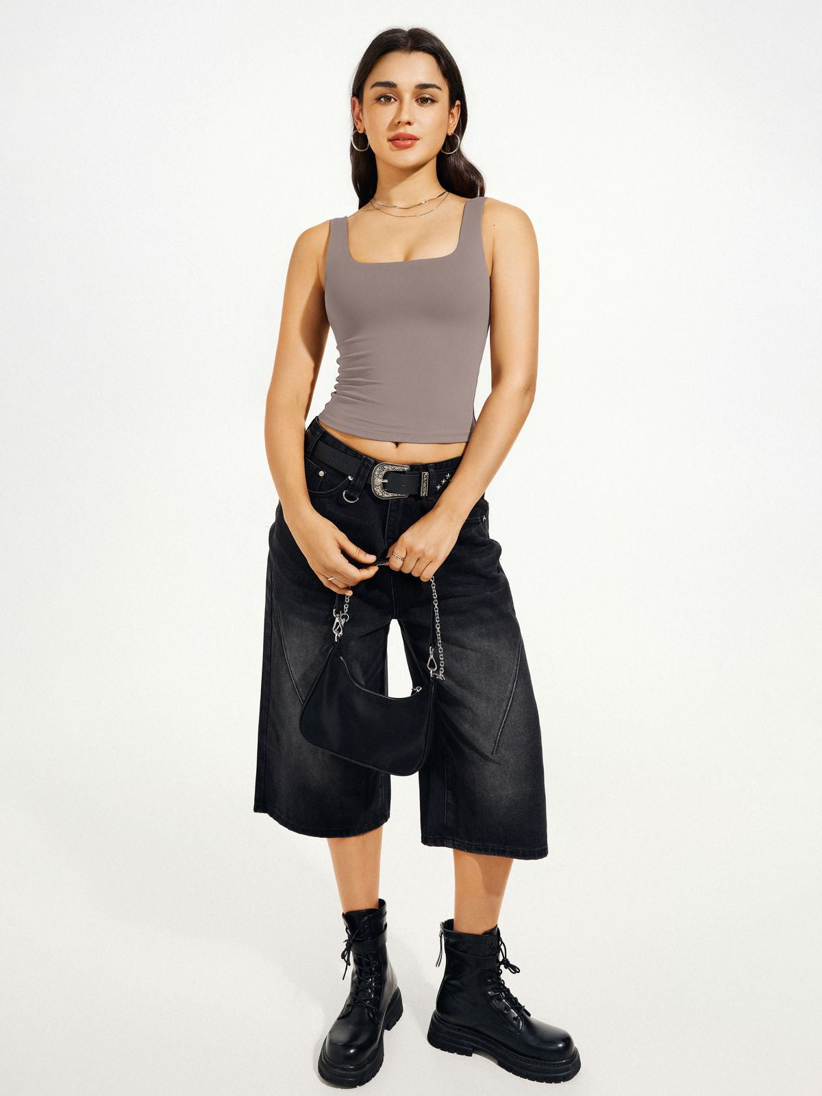 Square Neck Tank Top Double Lined Basic Crop Tops
