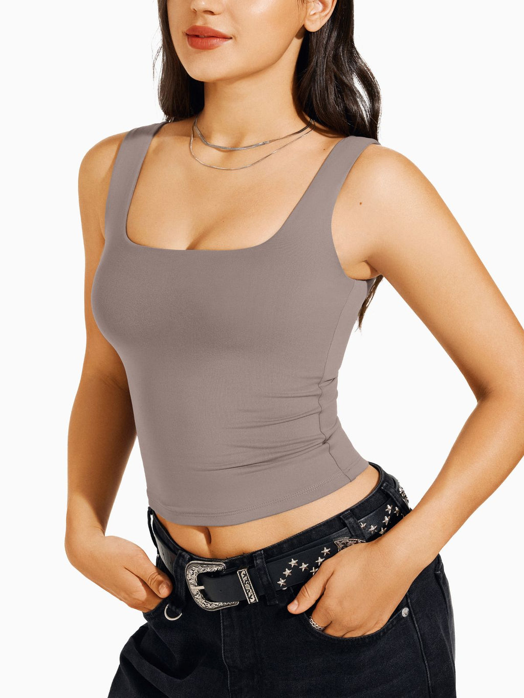 Square Neck Tank Top Double Lined Basic Crop Tops