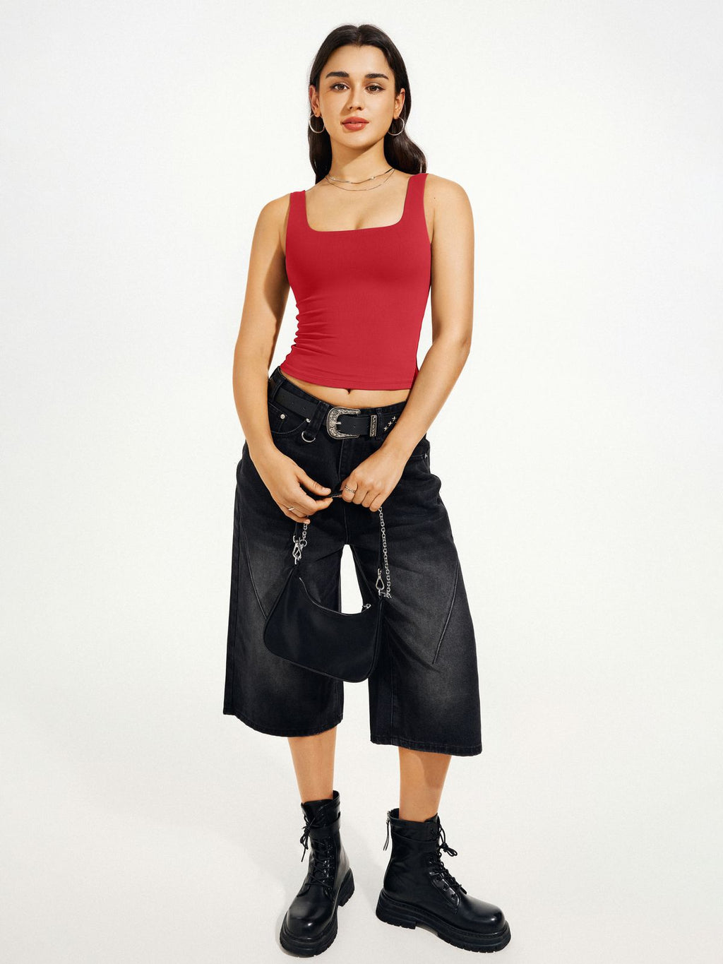 Square Neck Tank Top Double Lined Basic Crop Tops
