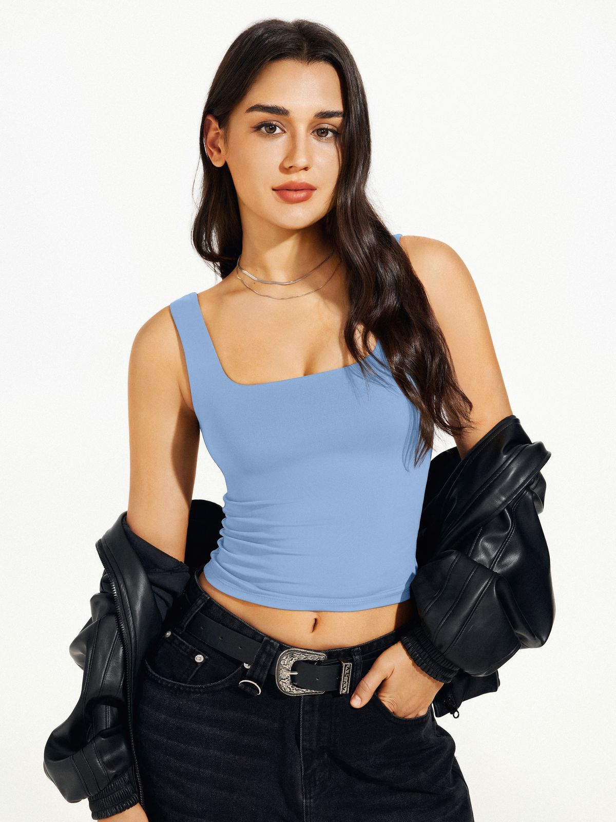 Square Neck Tank Top Double Lined Basic Crop Tops