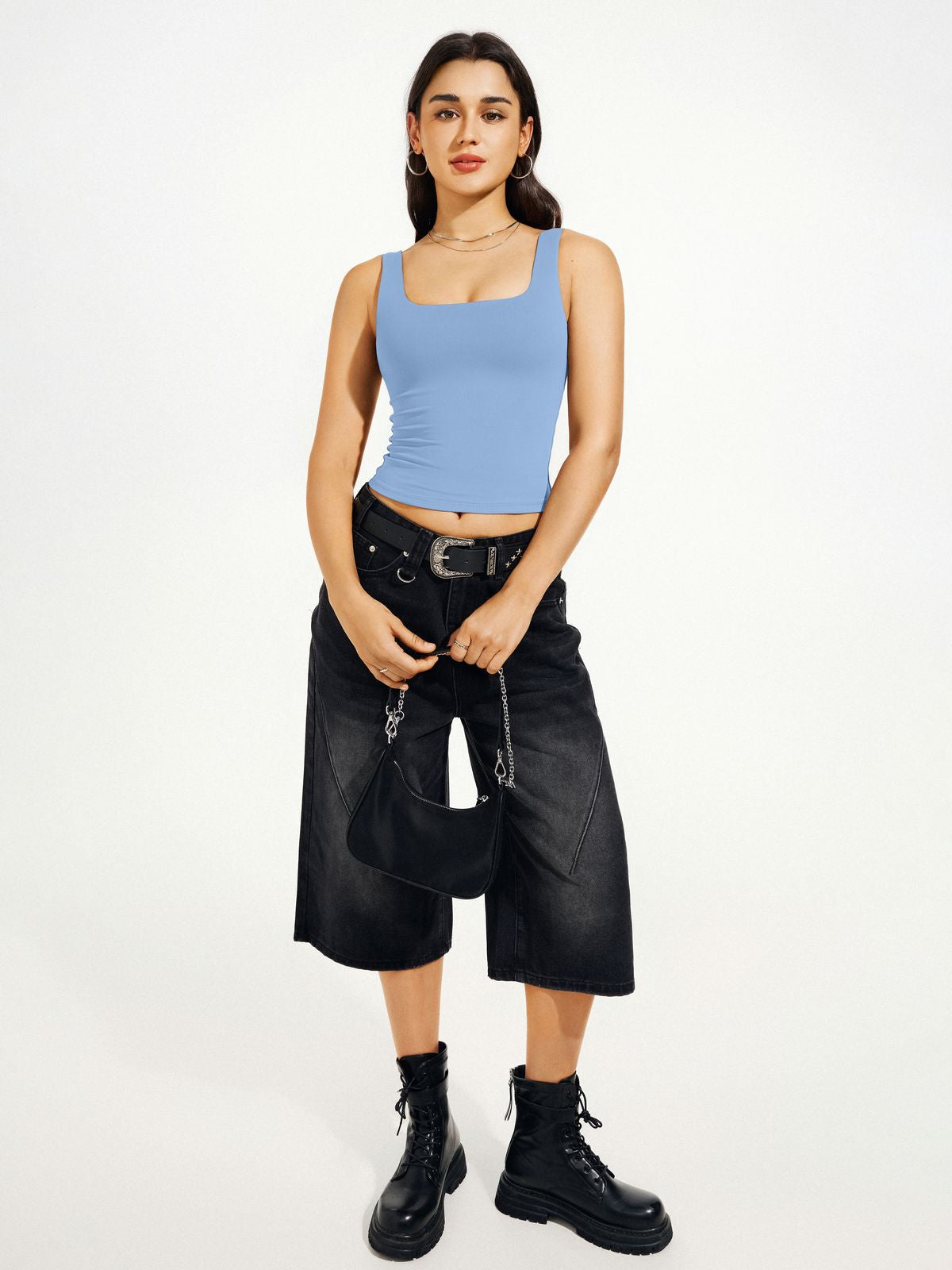 Square Neck Tank Top Double Lined Basic Crop Tops