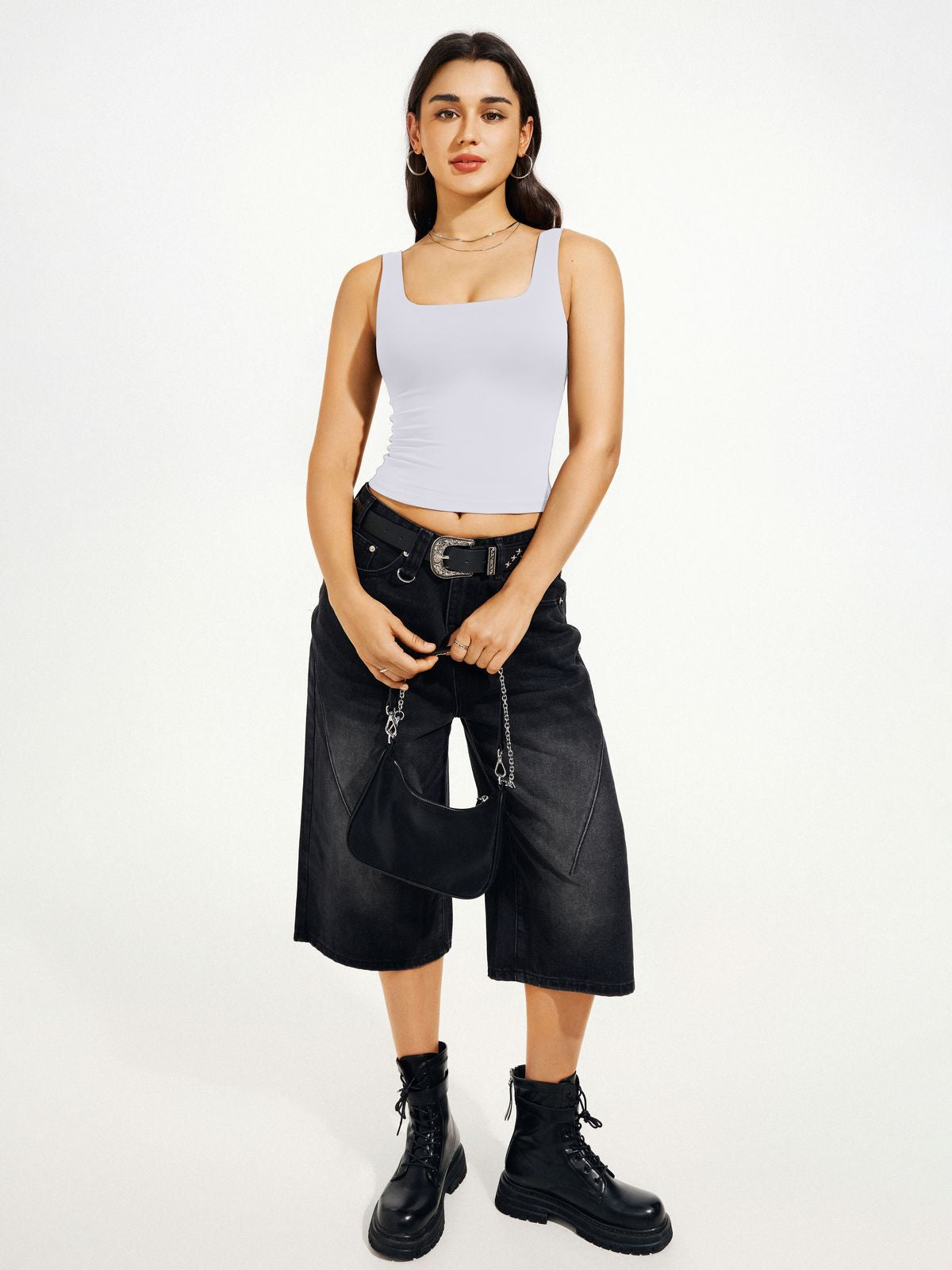 Square Neck Tank Top Double Lined Basic Crop Tops