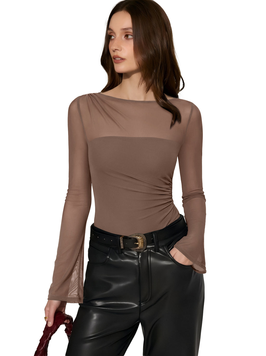 Long Sleeve Boat Neck Sheer Mesh Bodysuit