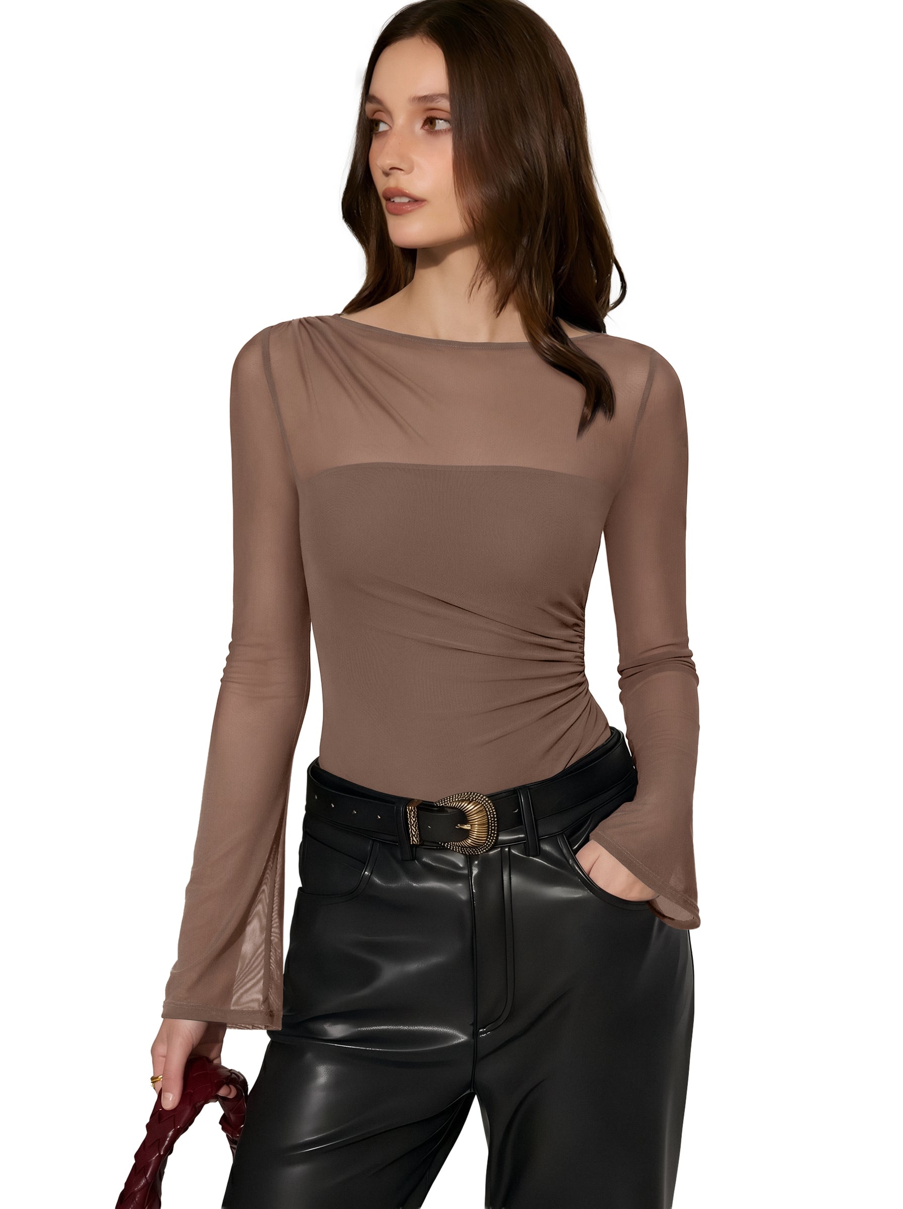 Long Sleeve Boat Neck Sheer Mesh Bodysuit