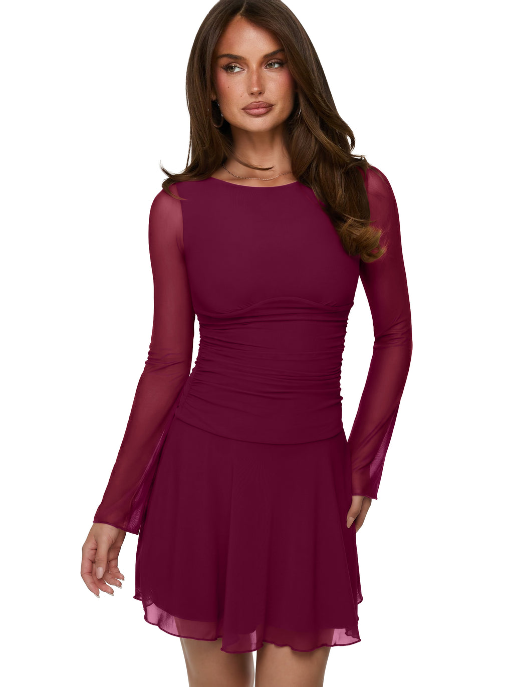 Women's Sheer Mesh Long Sleeve Mini Dress with Ruched Drop Waist
