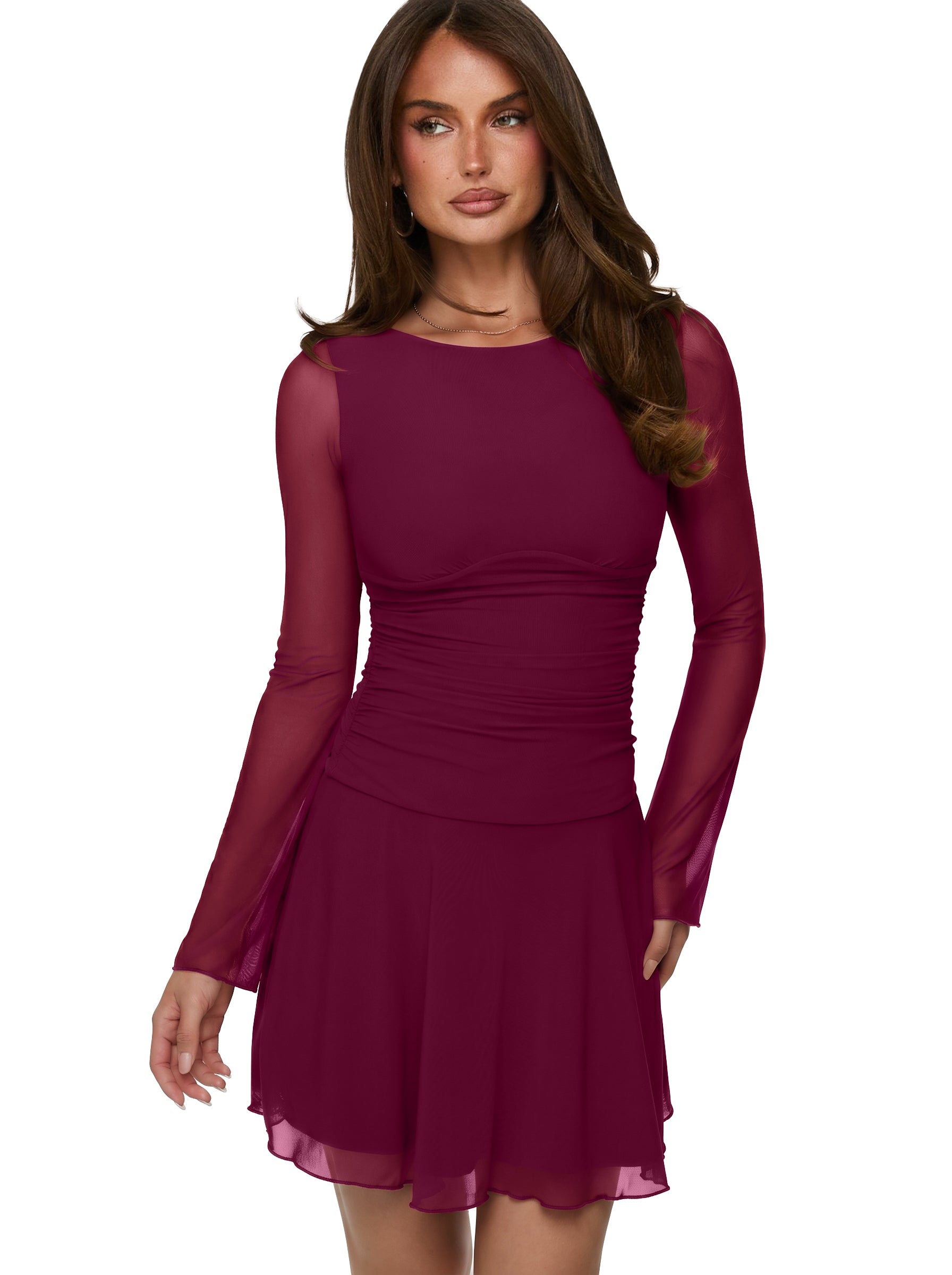 Women's Sheer Mesh Long Sleeve Mini Dress with Ruched Drop Waist