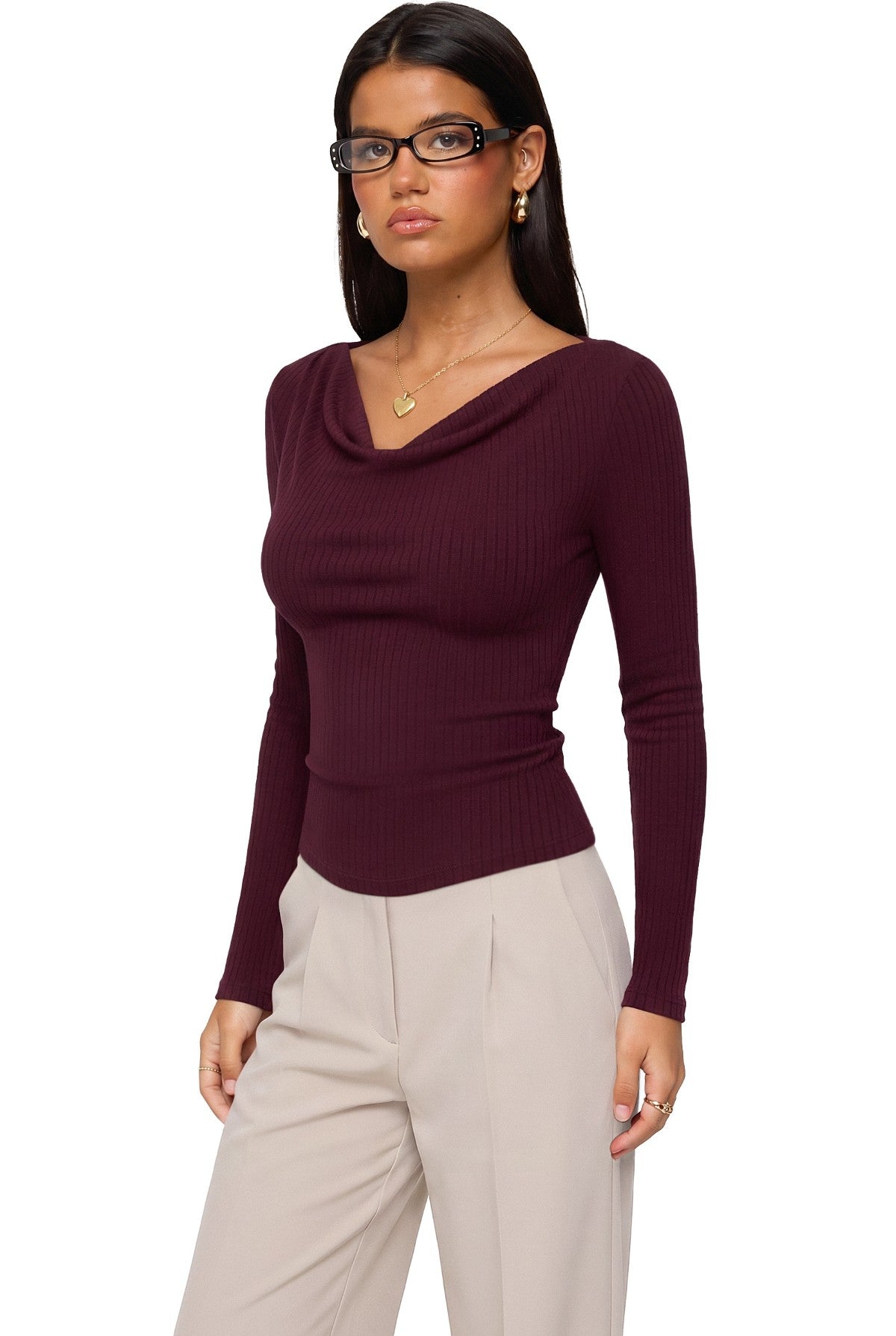 Cowl Neck Long Sleeve Slim Fit Casual Top