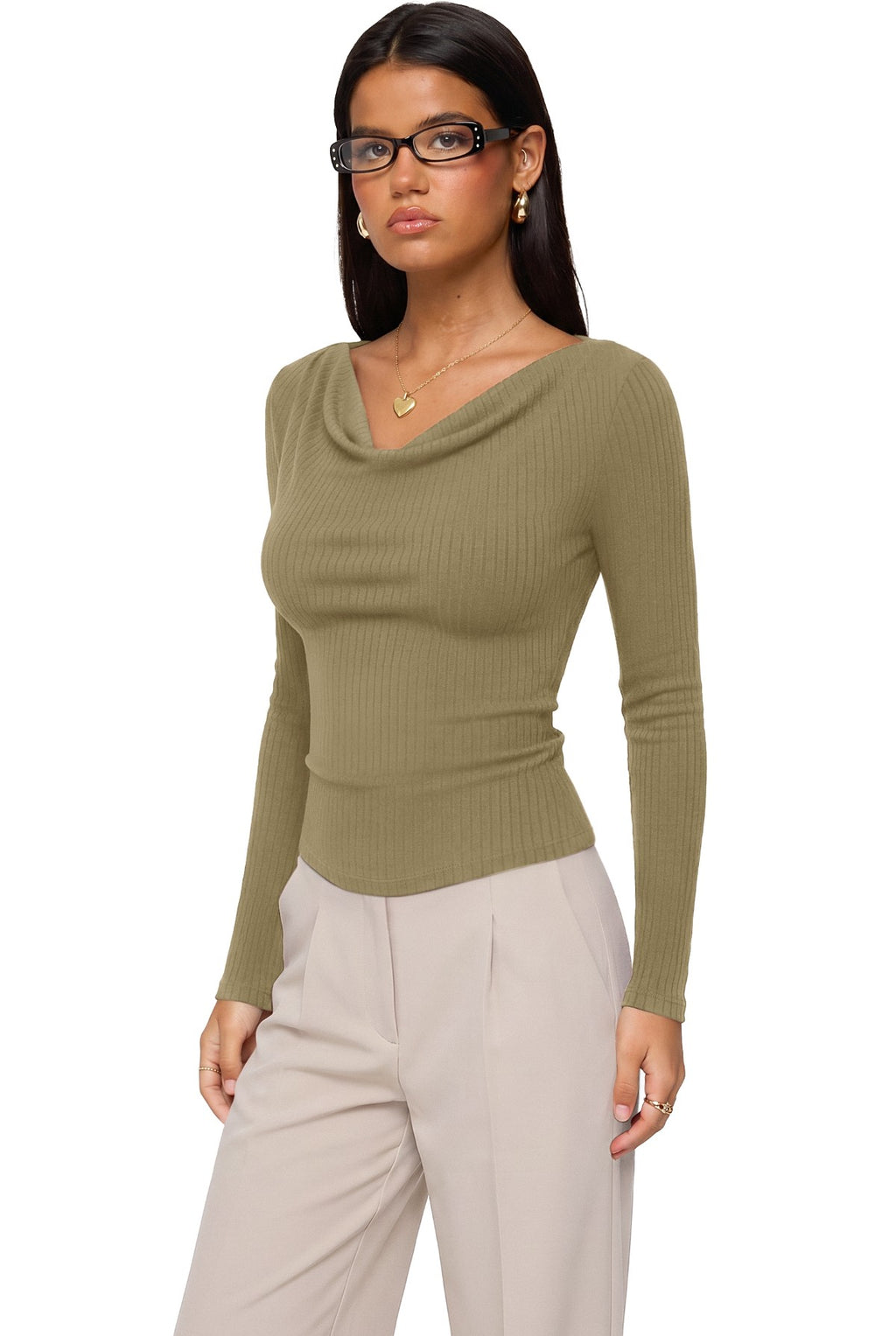 Cowl Neck Long Sleeve Slim Fit Casual Top