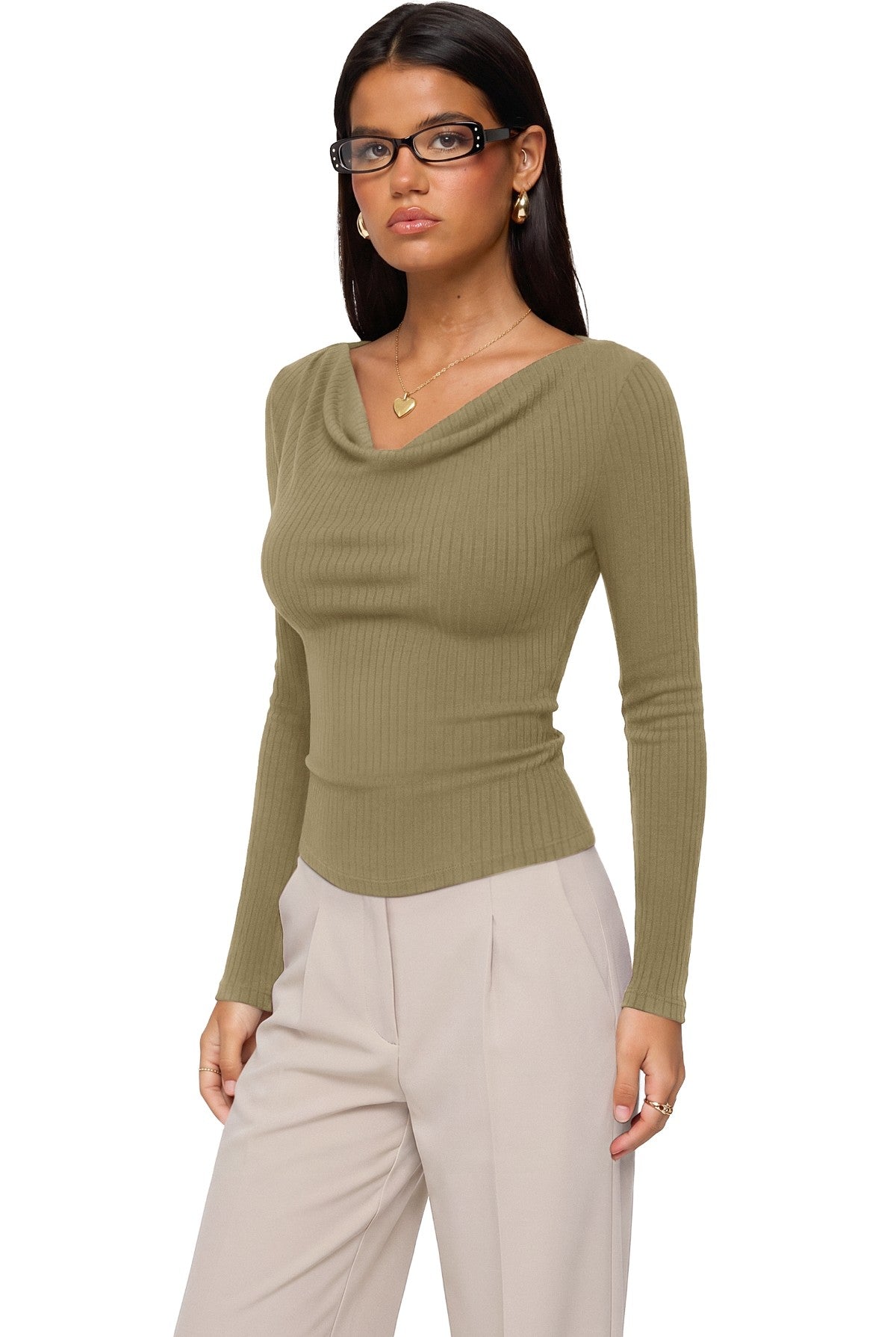 Cowl Neck Long Sleeve Slim Fit Casual Top