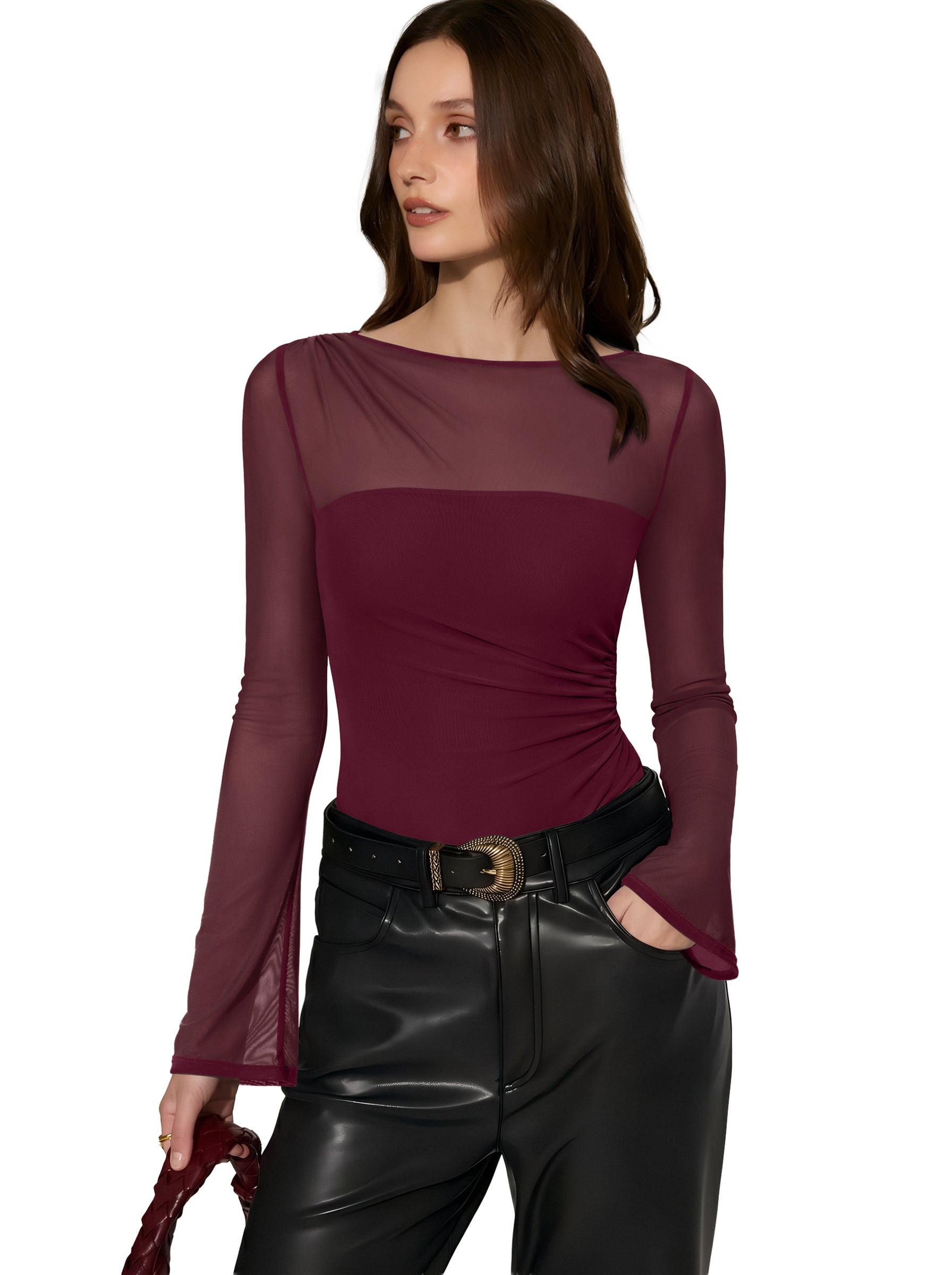 Long Sleeve Boat Neck Sheer Mesh Bodysuit