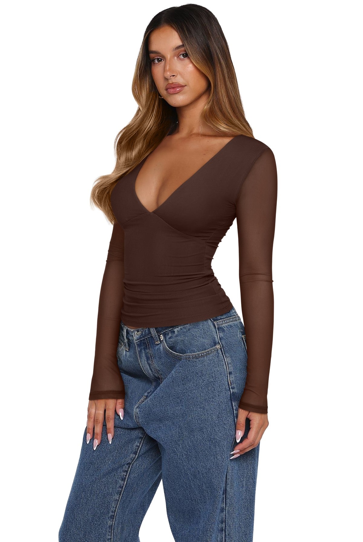 Long Sleeve Sheer Mesh V Neck Ruched Slim Fit Top