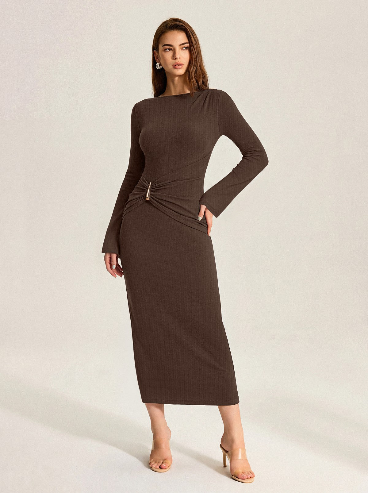 Boat Neck Slim Fit Ruched Bodycon Long Dress