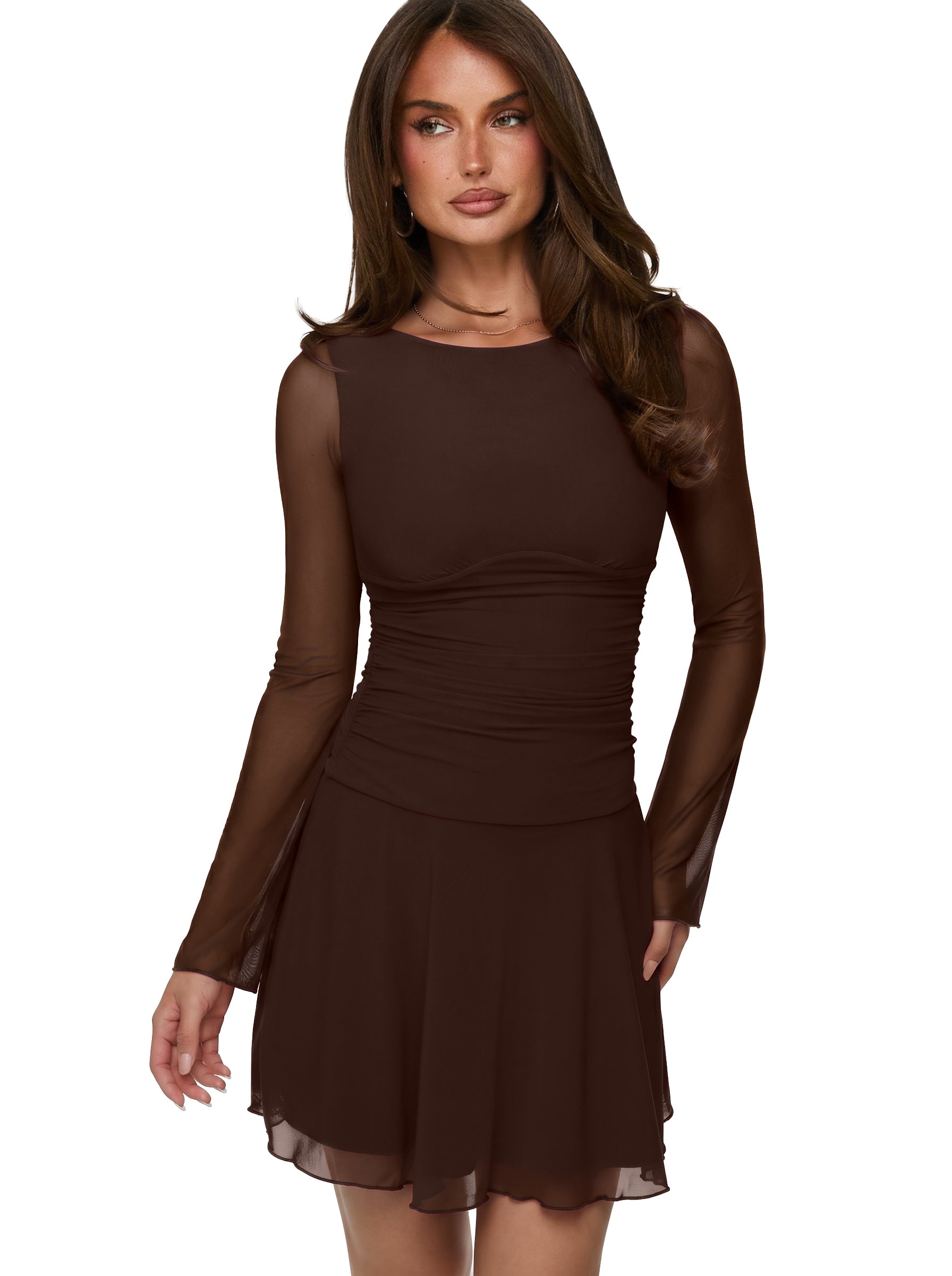 Women's Sheer Mesh Long Sleeve Mini Dress with Ruched Drop Waist