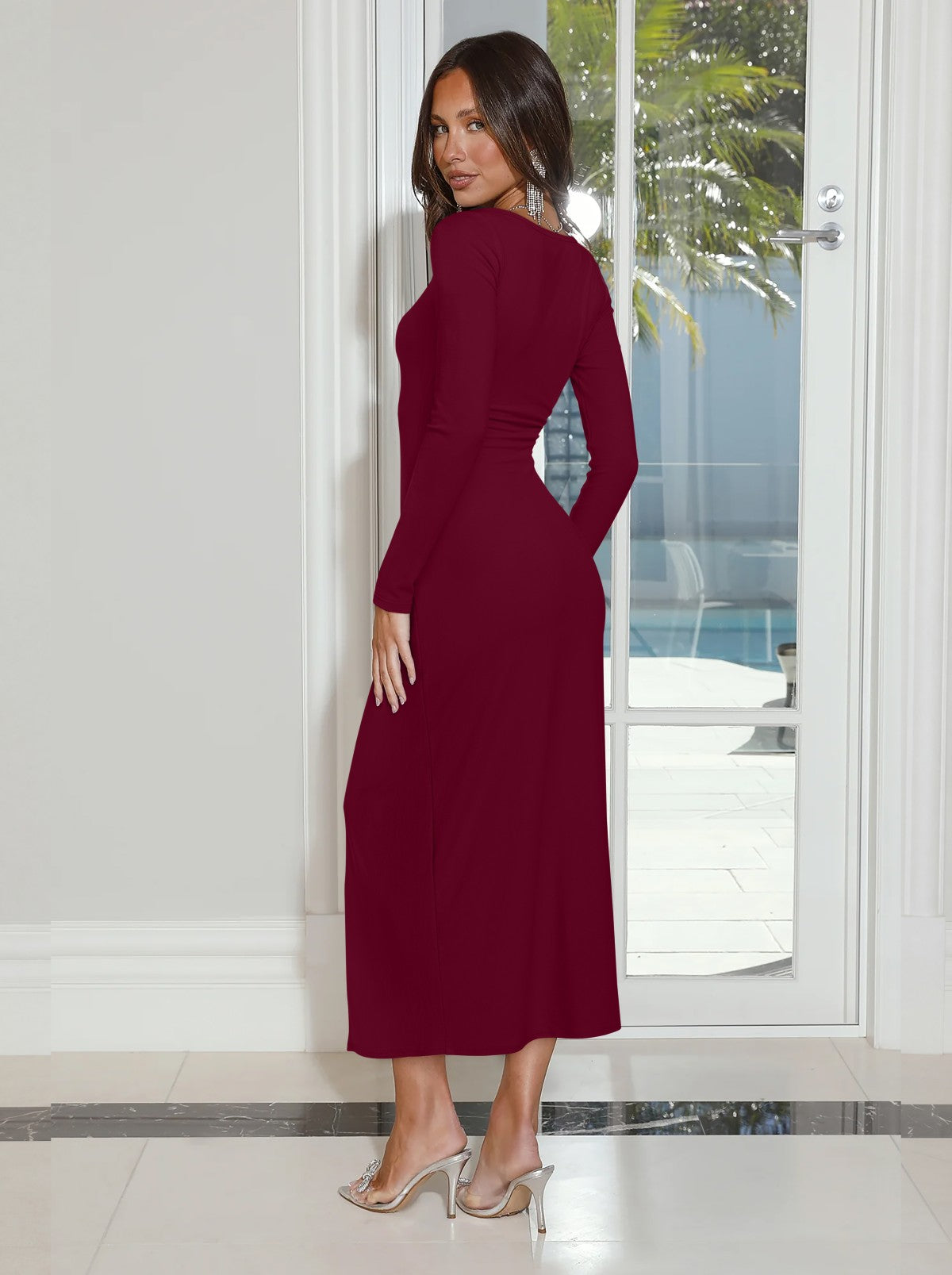 Asymmetrical Square Neck Cocktail Ruched Wrap Midi Dress