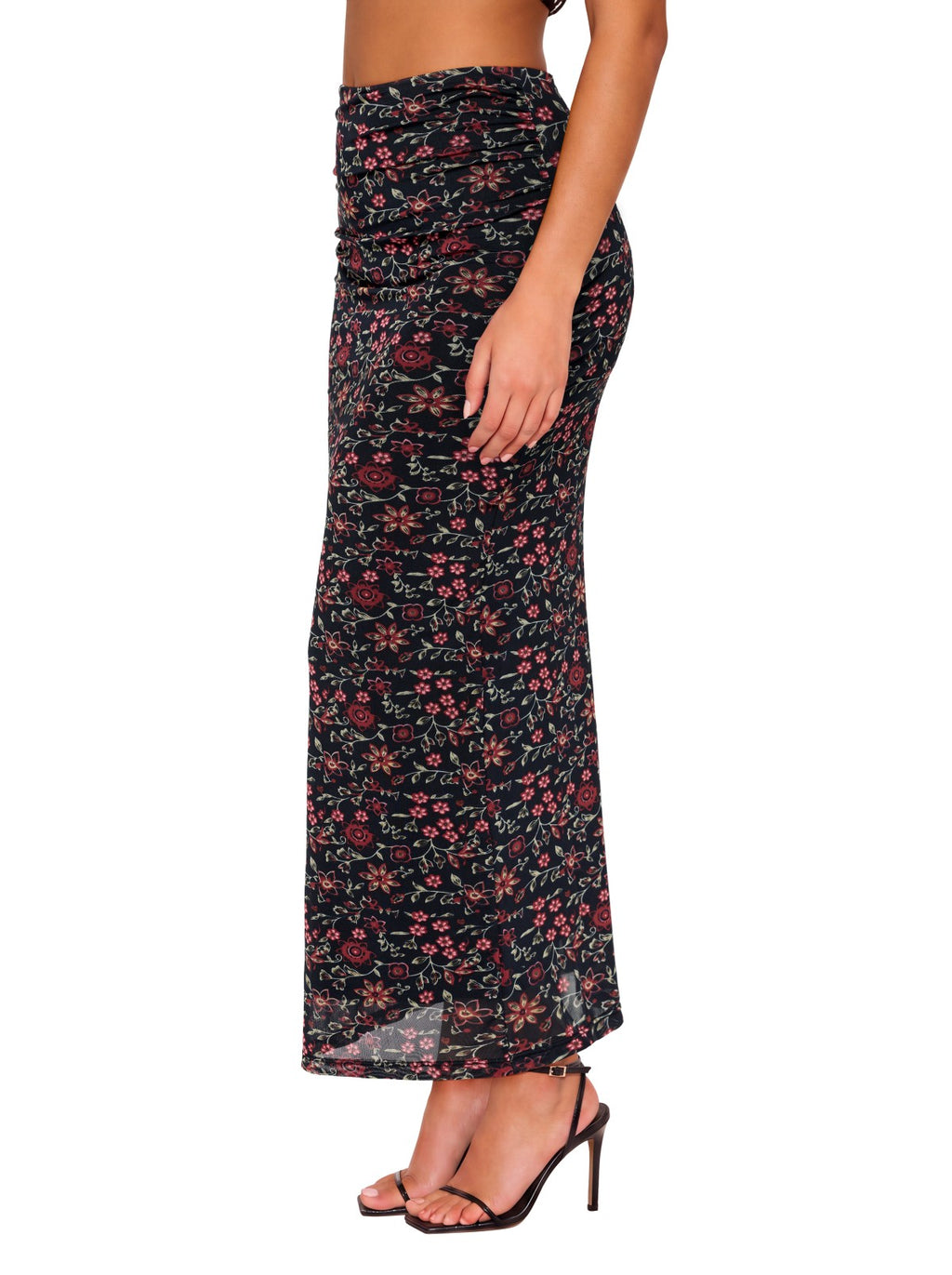 Ruched Mesh A-Line Maxi Skirt with Elastic Waist