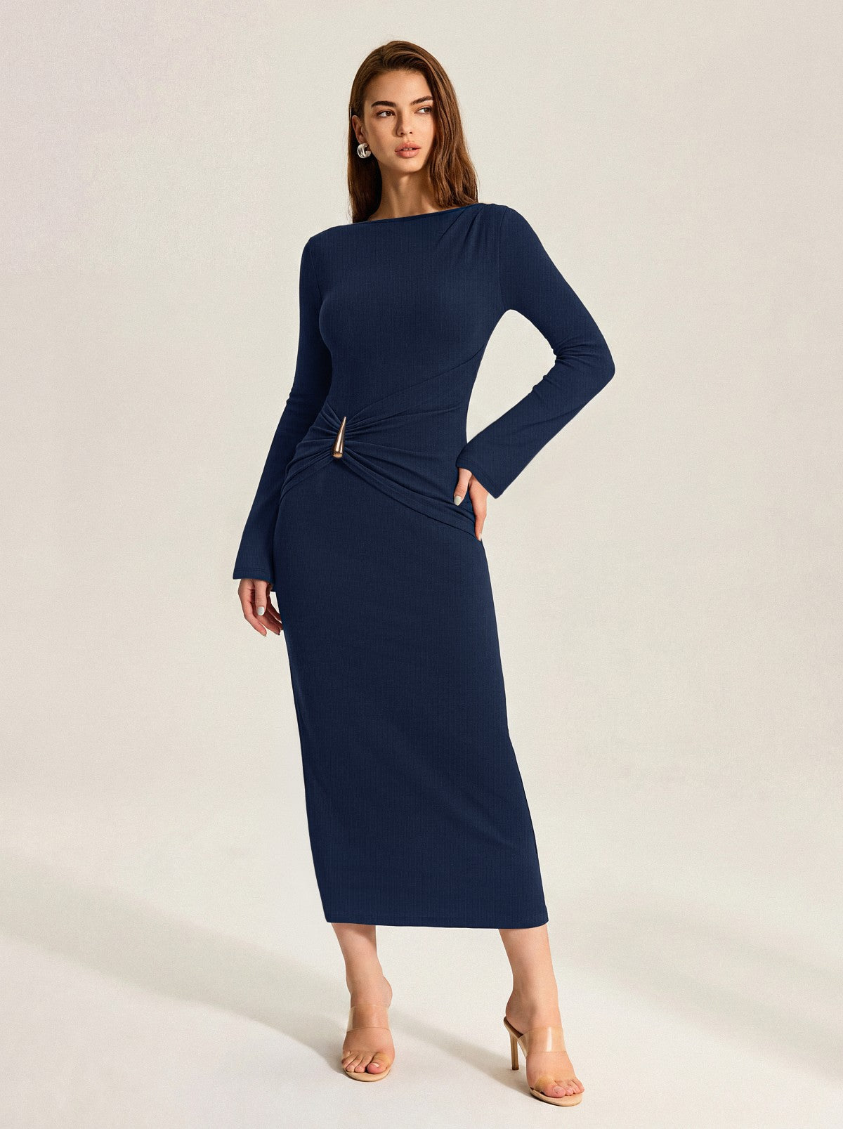 Boat Neck Slim Fit Ruched Bodycon Long Dress