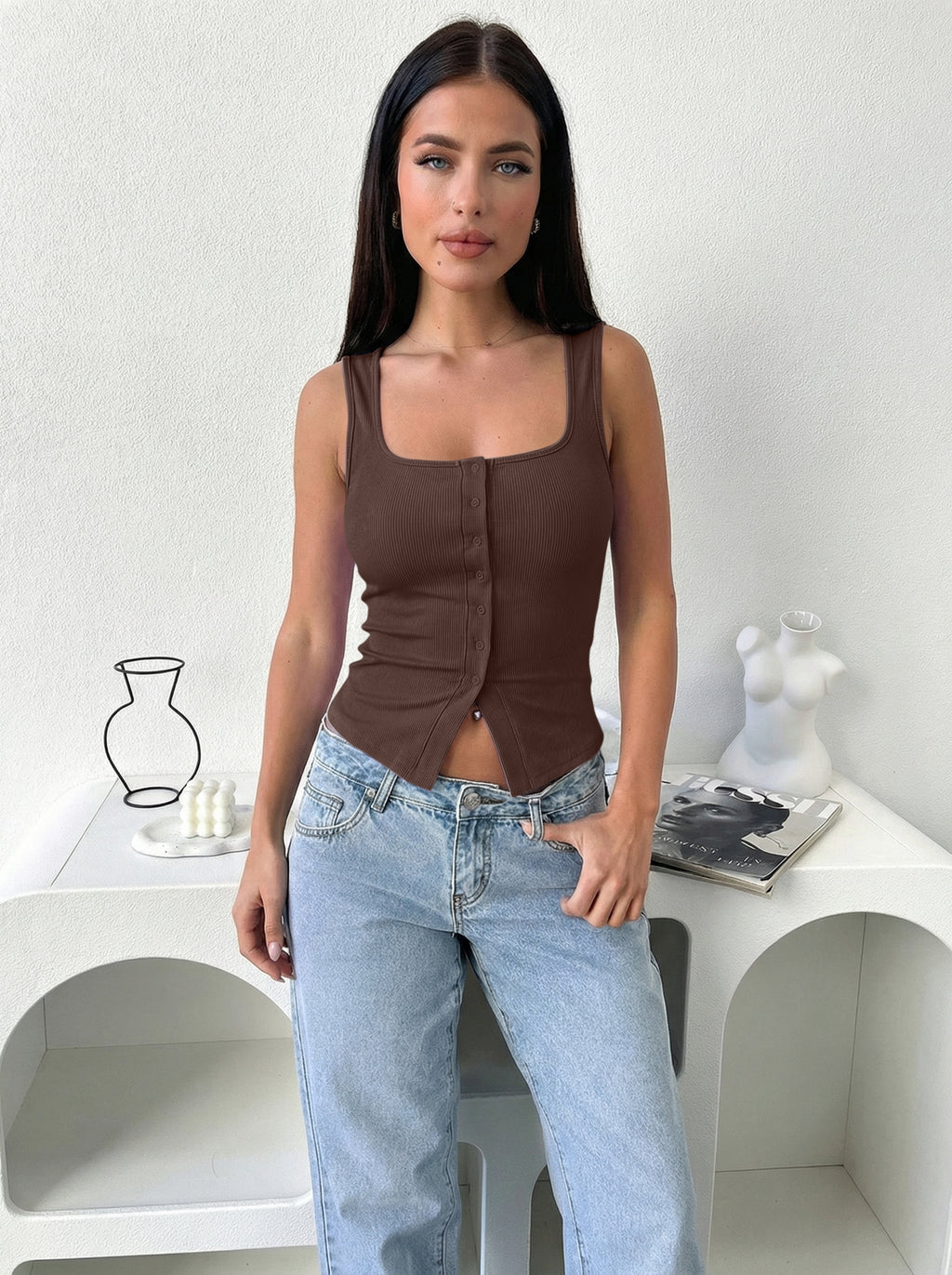 Cute Ribbed Button Down Square Neck Vest Tank Top