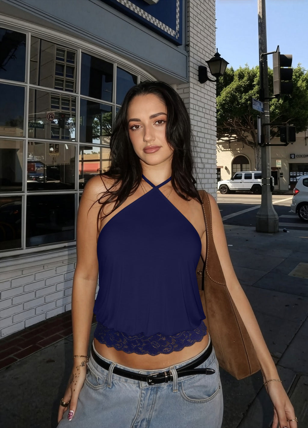 REORIA Backless Halter Lace Trim Crop Tank Top