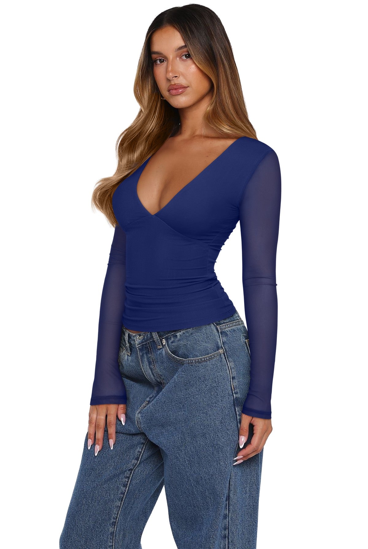 Long Sleeve Sheer Mesh V Neck Ruched Slim Fit Top