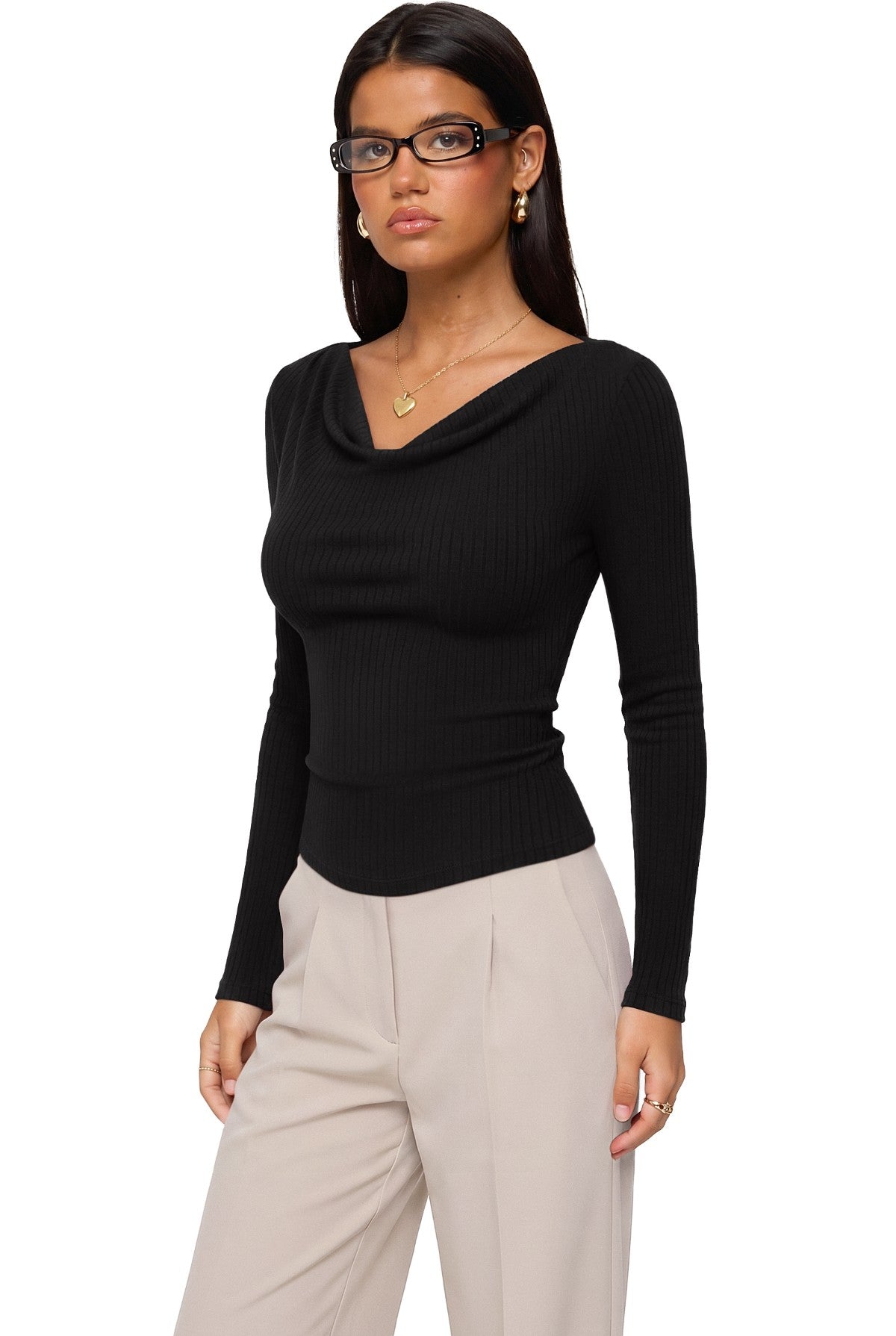 Cowl Neck Long Sleeve Slim Fit Casual Top