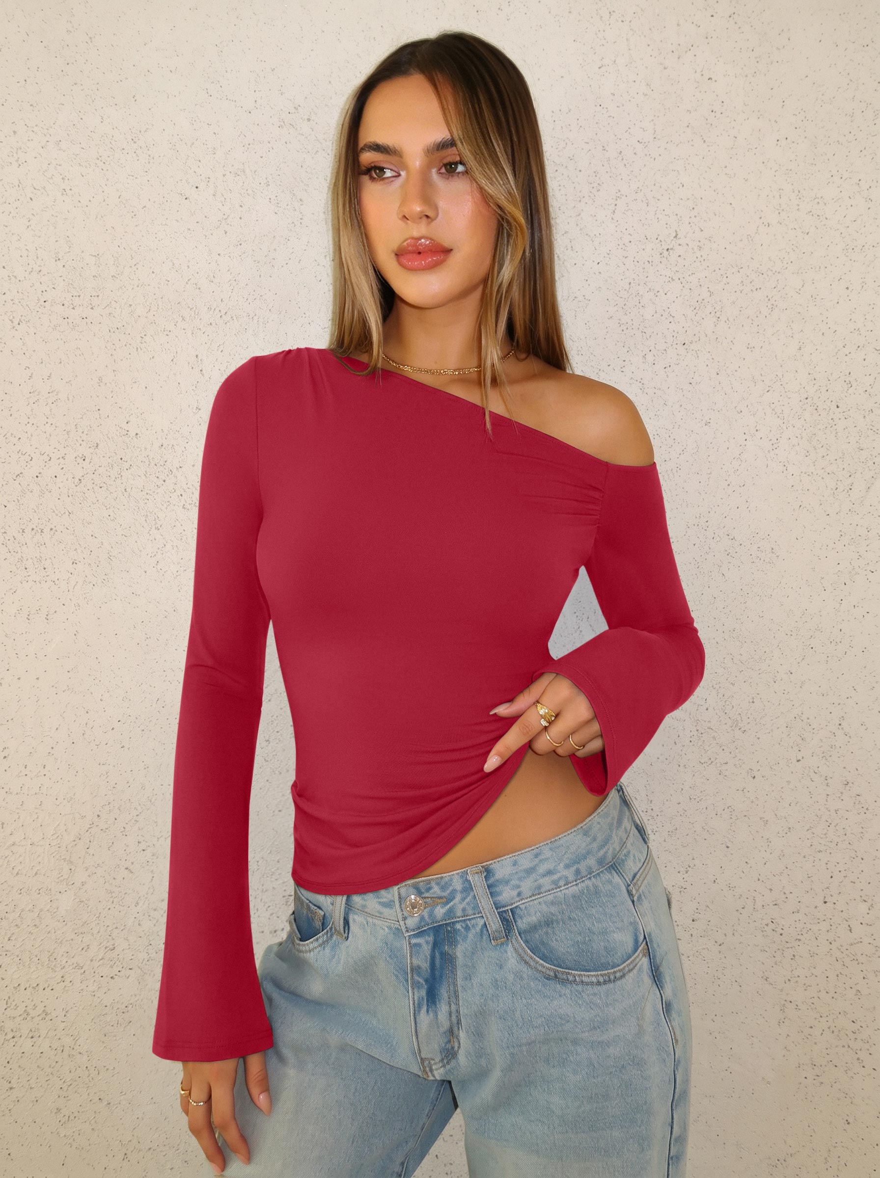 Off Shoulder Bell Sleeve Double Lined Slim Fit Top