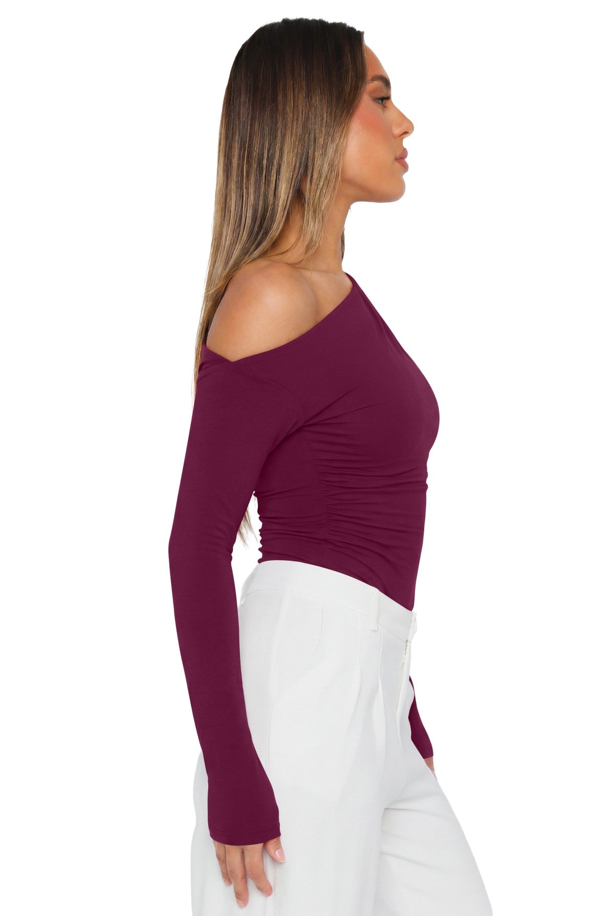 Off the Shoulder Long Sleeve Side Ruched Bodysuit