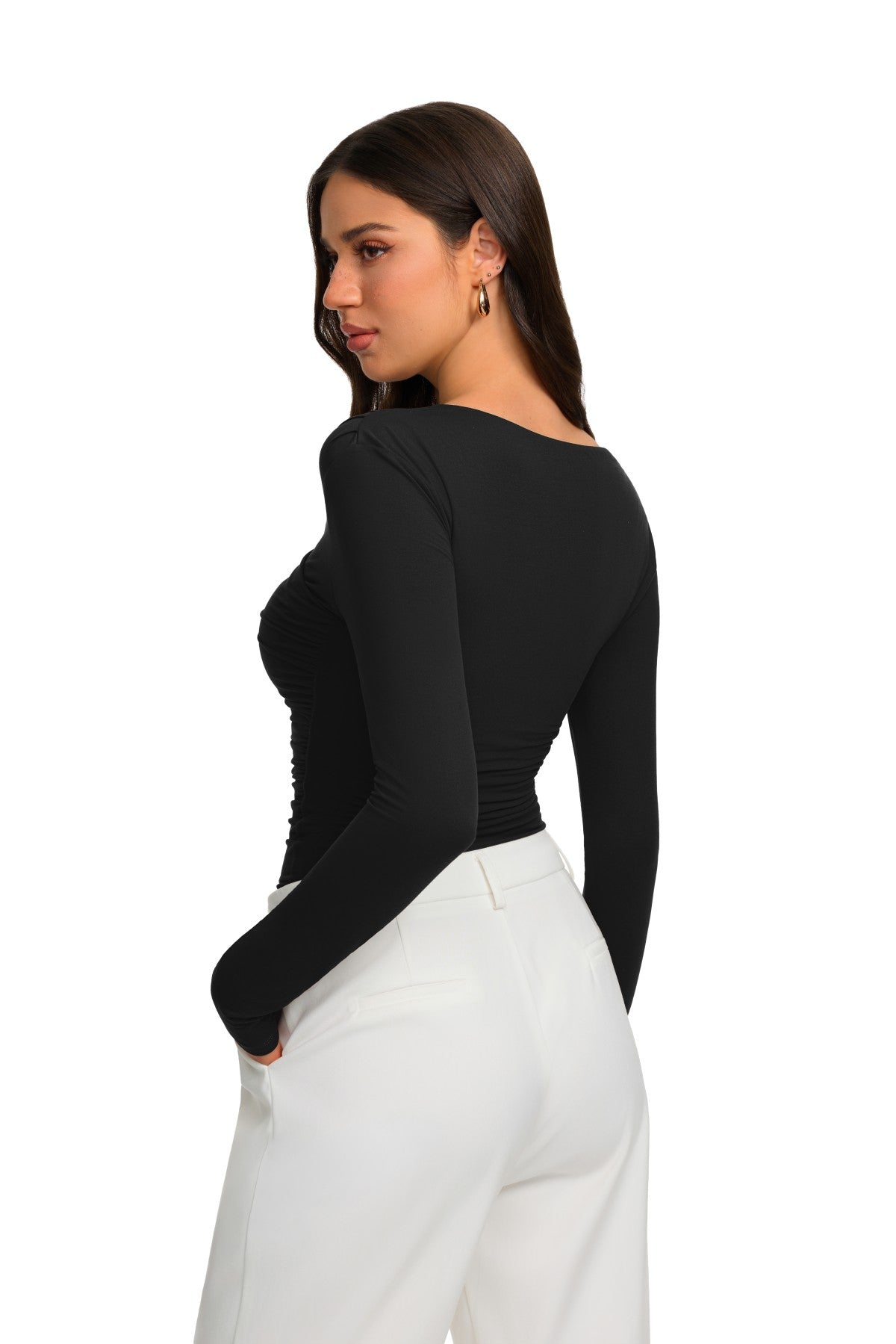 Asymmetrical Ruched Wrap Top with Gold Buckle