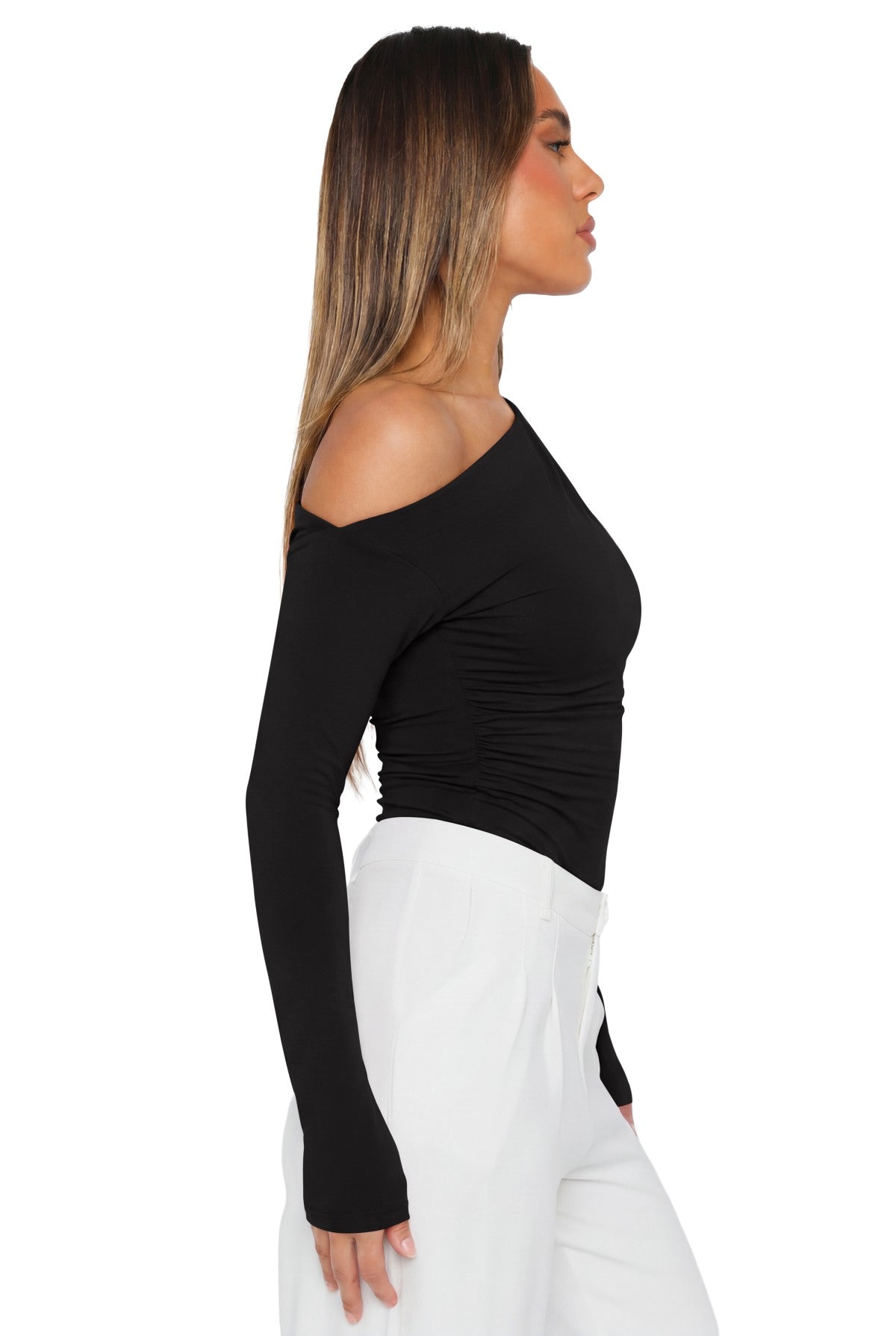 Off the Shoulder Long Sleeve Side Ruched Bodysuit