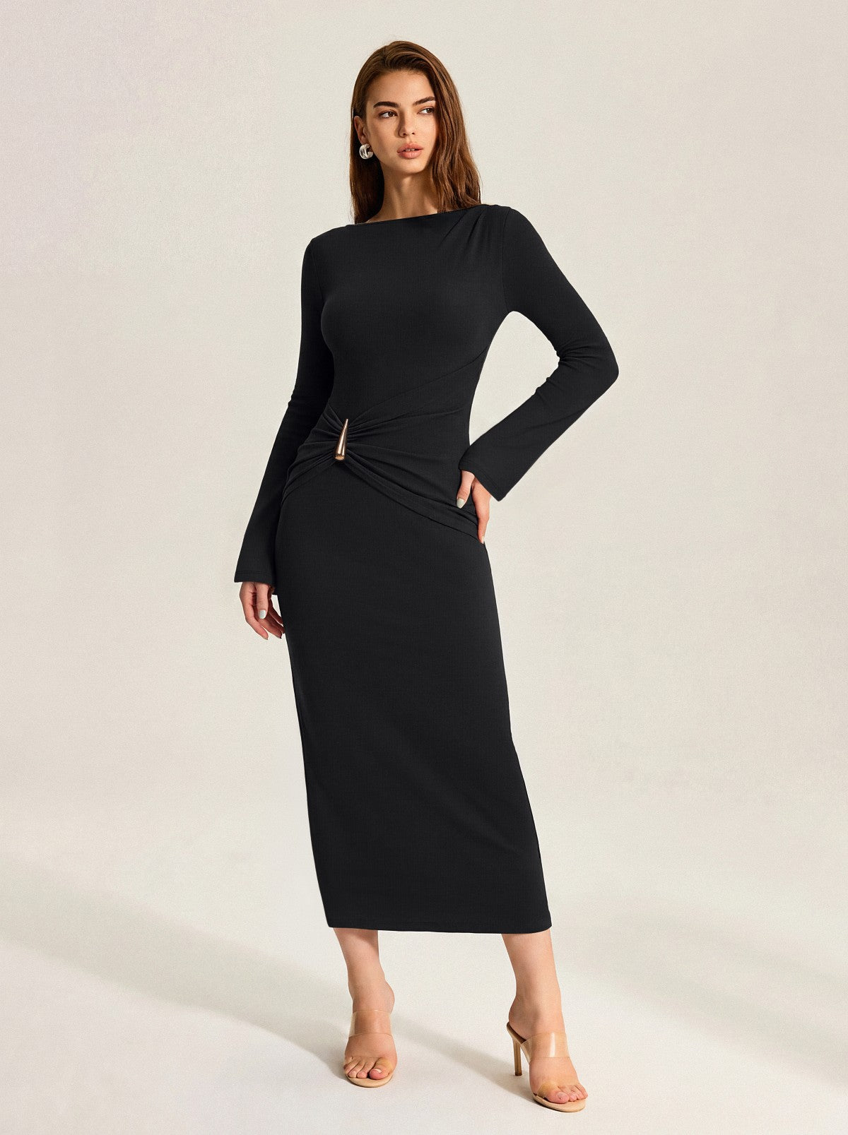 Boat Neck Slim Fit Ruched Bodycon Long Dress