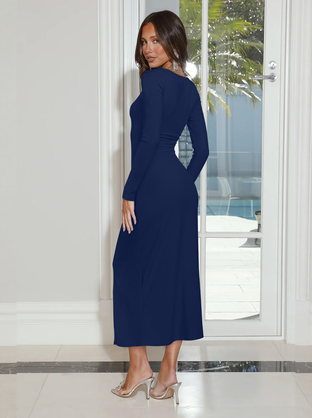 Asymmetrical Square Neck Cocktail Ruched Wrap Midi Dress