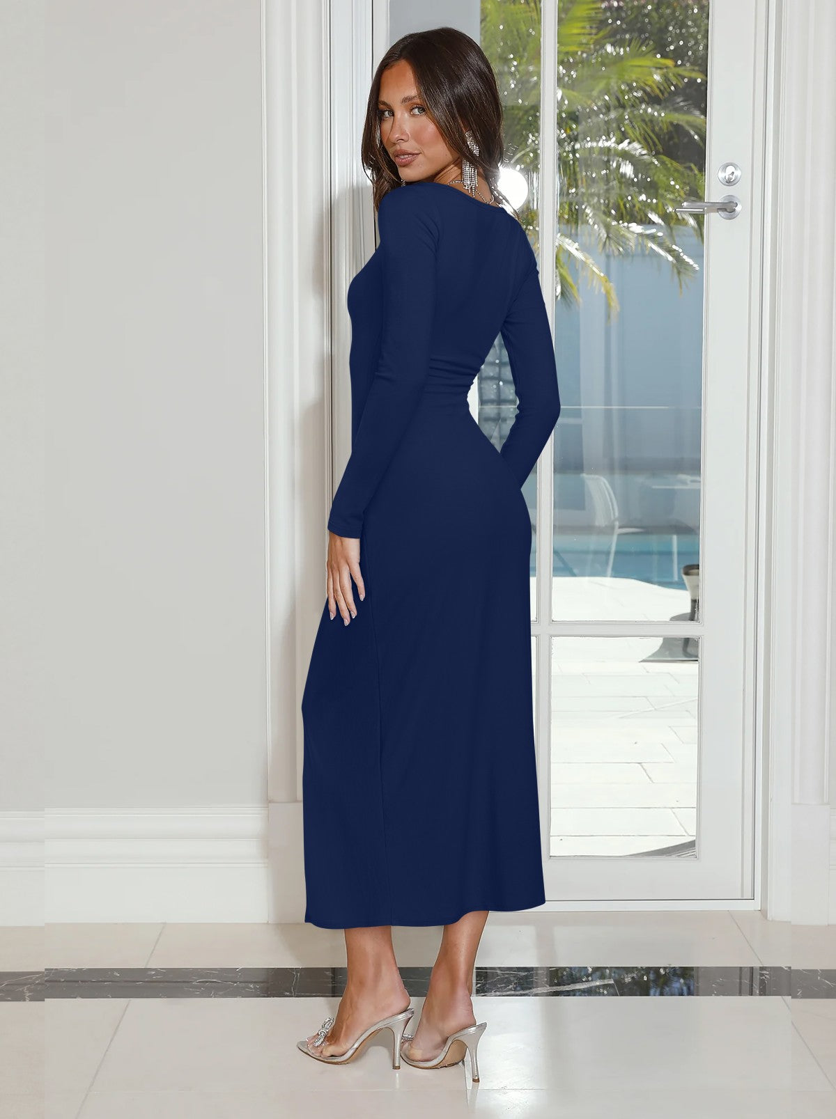 Asymmetrical Square Neck Cocktail Ruched Wrap Midi Dress
