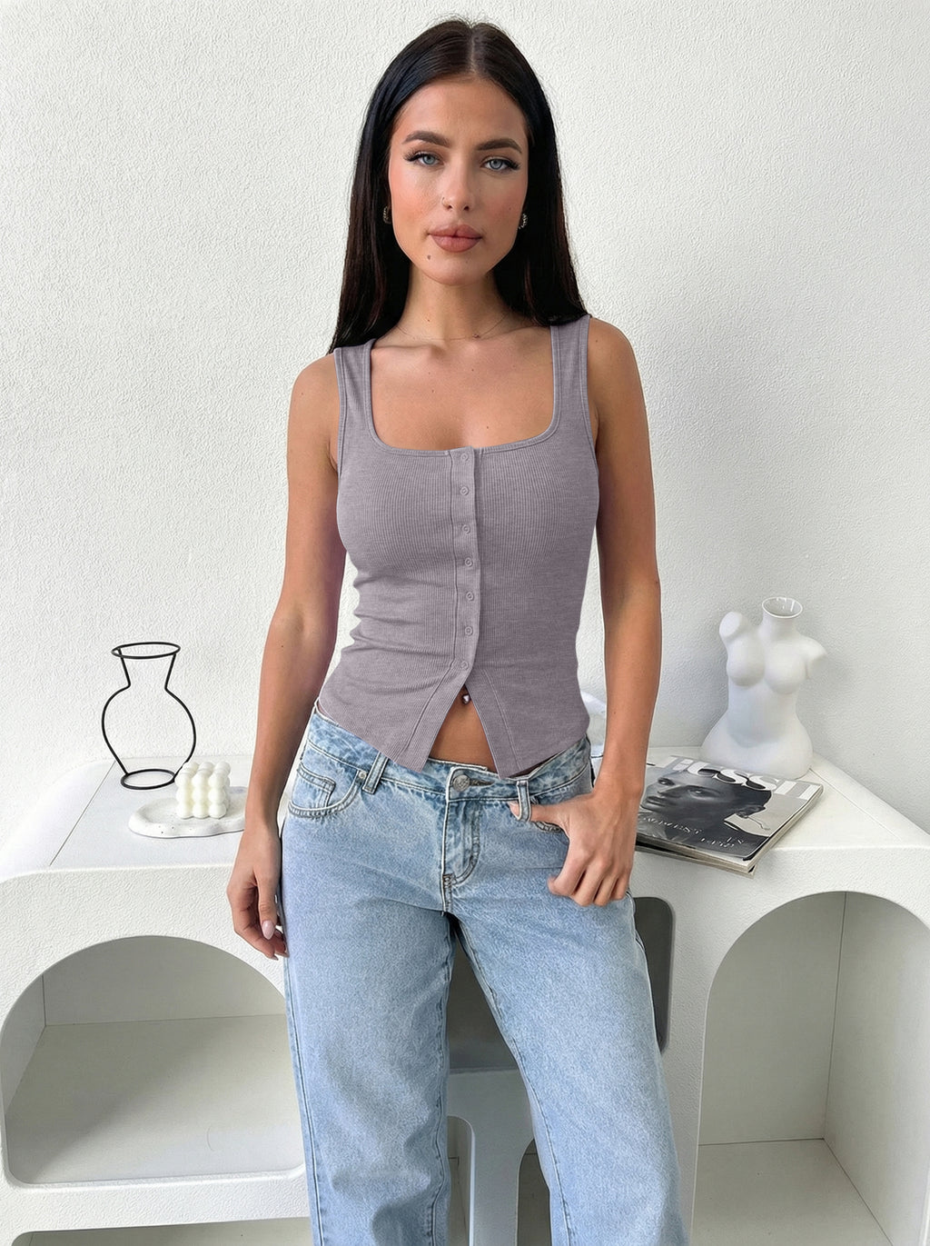 Cute Ribbed Button Down Square Neck Vest Tank Top