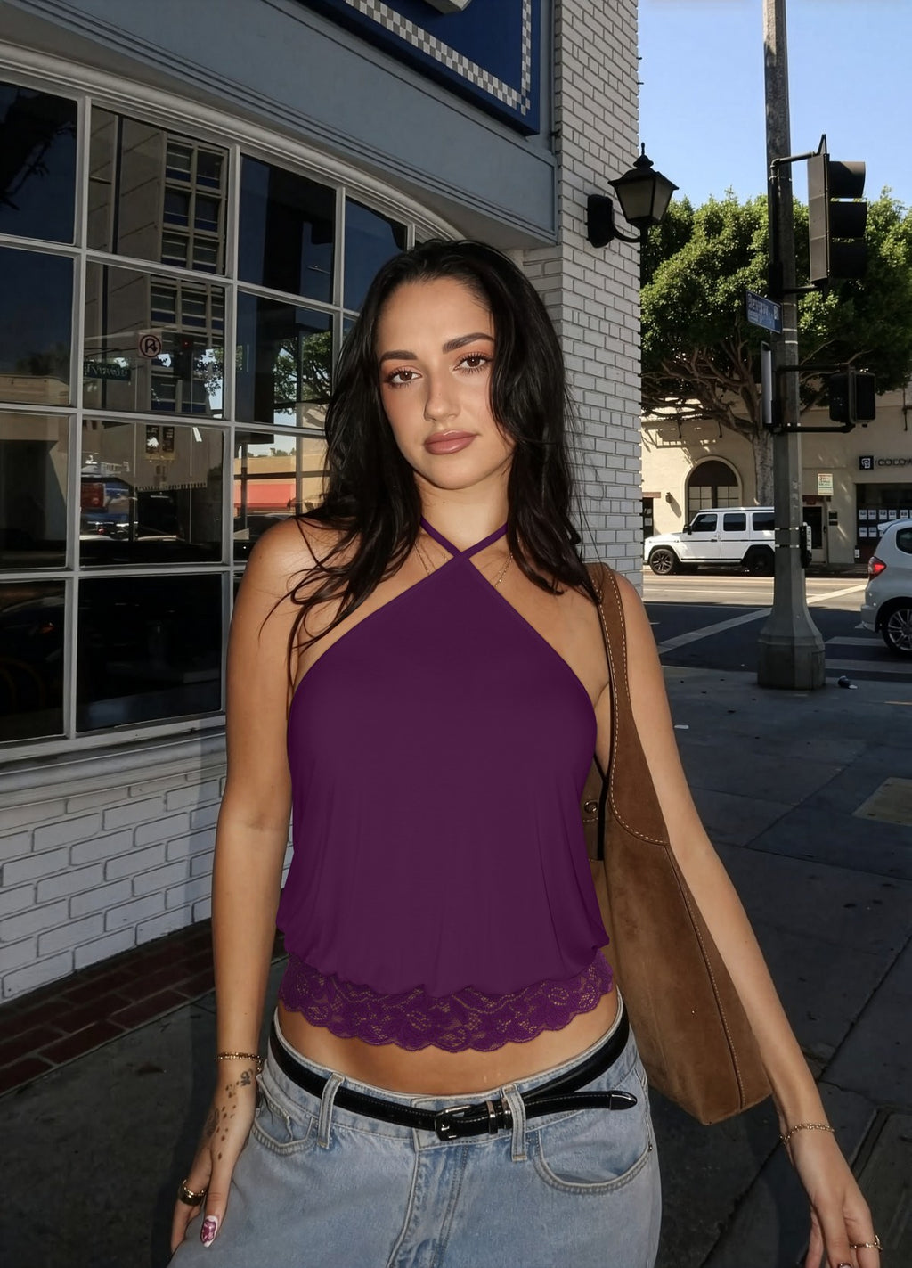 REORIA Backless Halter Lace Trim Crop Tank Top