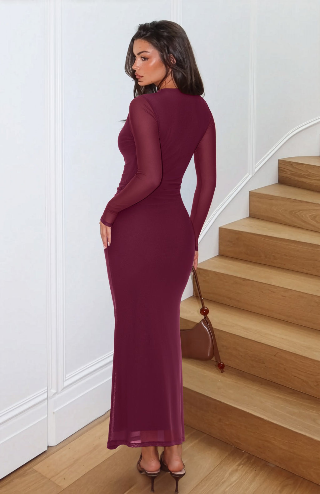 Mock Neck Sheer Mesh Slim Fit Ruched Maxi Dresses