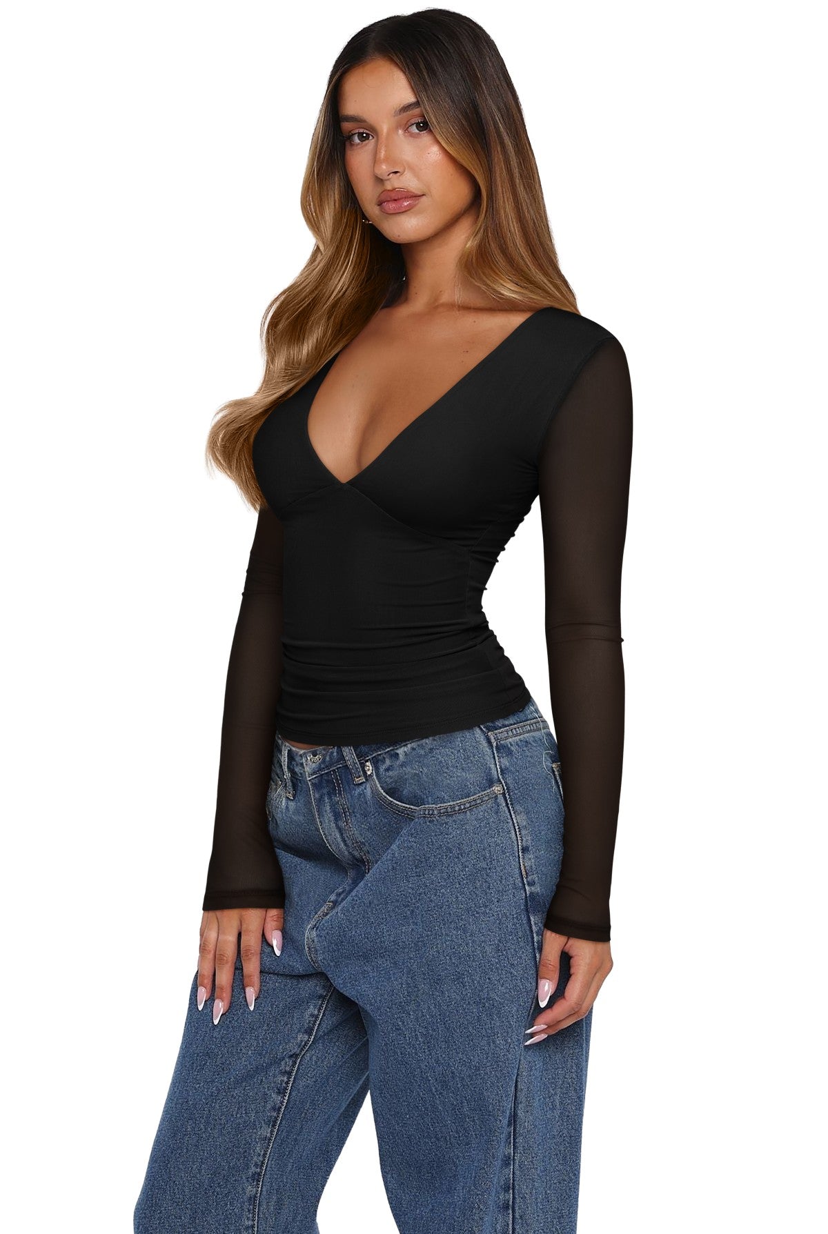 Long Sleeve Sheer Mesh V Neck Ruched Slim Fit Top