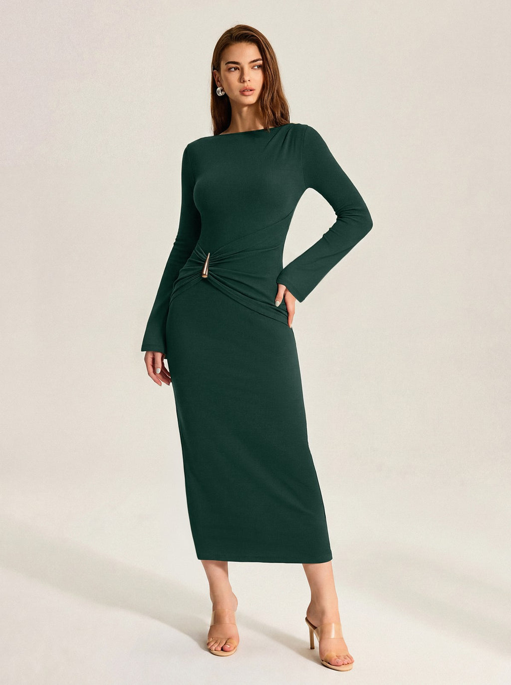 Boat Neck Slim Fit Ruched Bodycon Long Dress