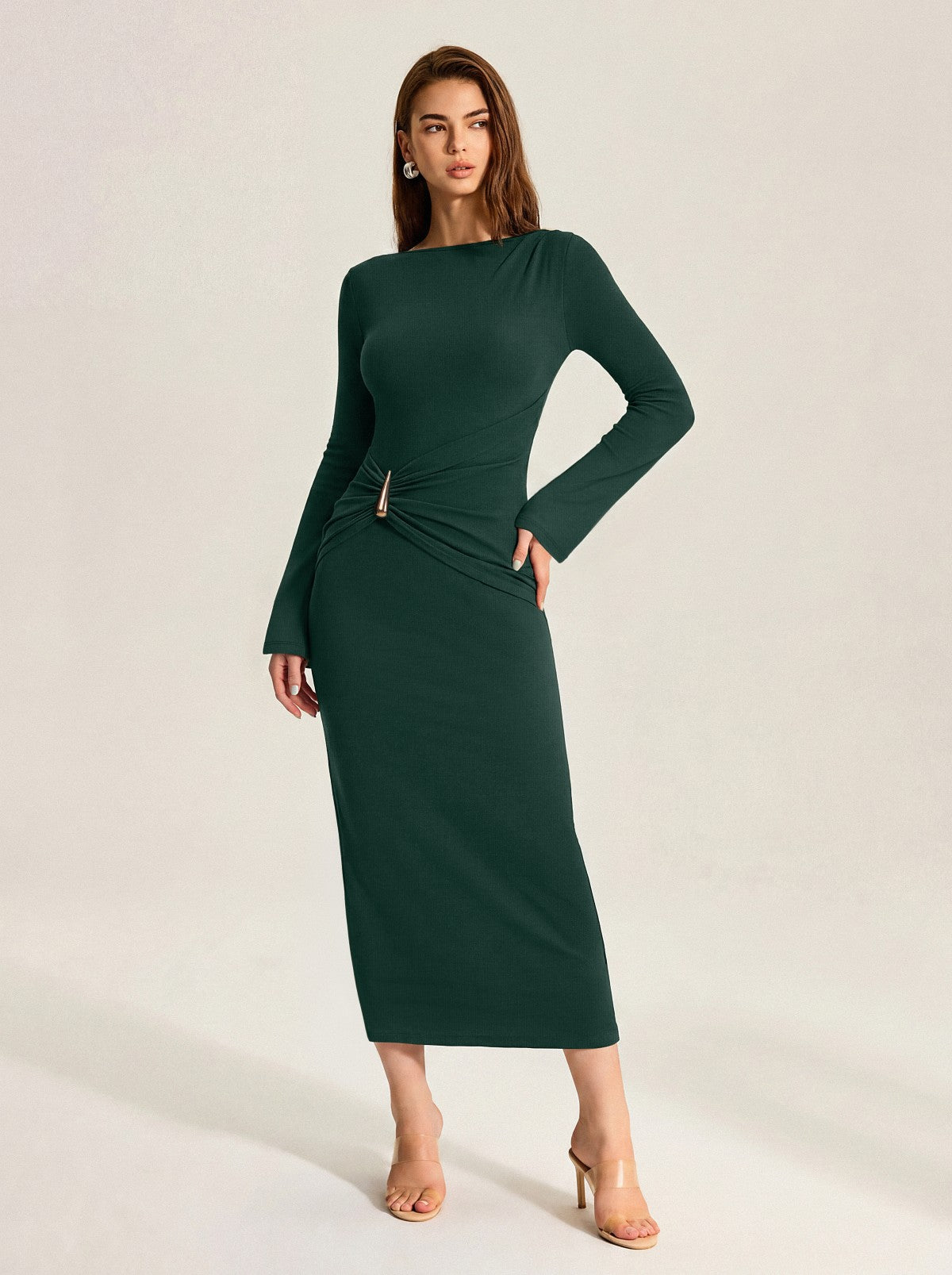 Boat Neck Slim Fit Ruched Bodycon Long Dress