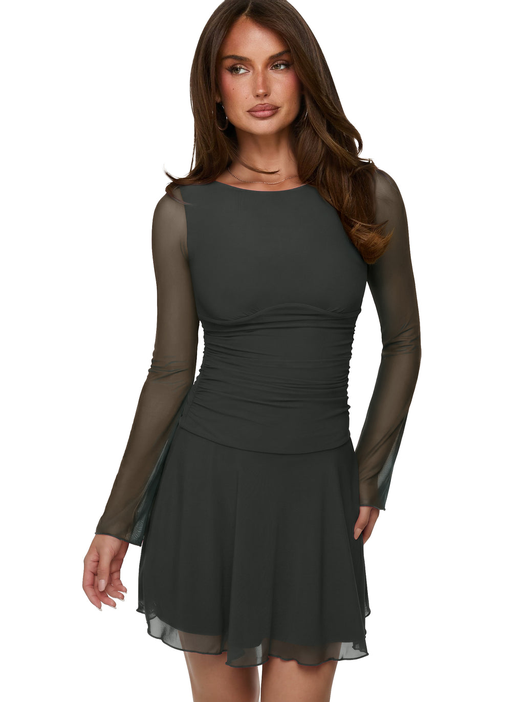 Women's Sheer Mesh Long Sleeve Mini Dress with Ruched Drop Waist