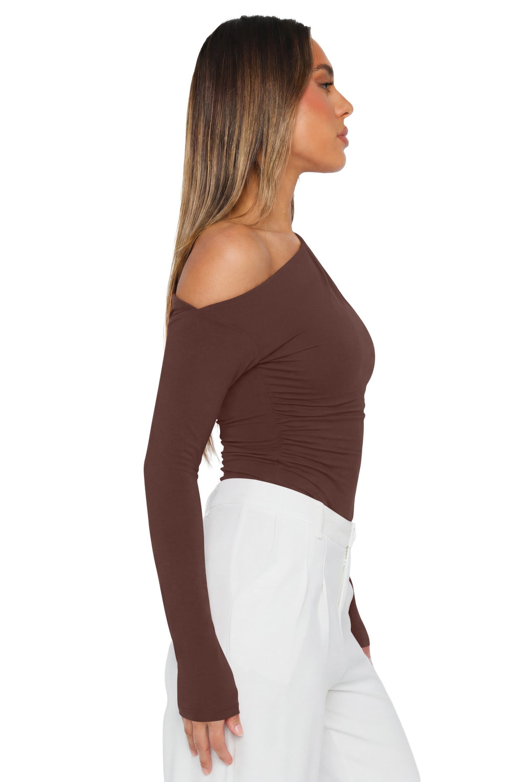 Off the Shoulder Long Sleeve Side Ruched Bodysuit