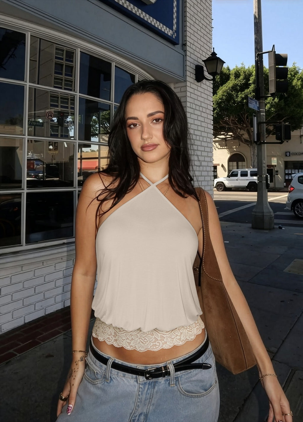 REORIA Backless Halter Lace Trim Crop Tank Top