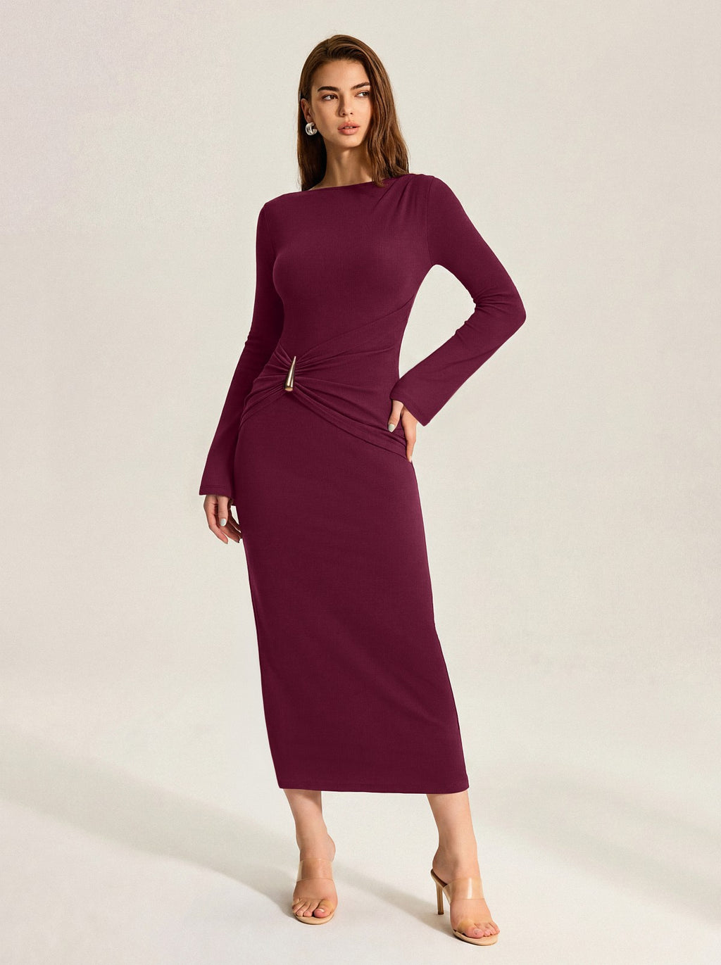 Boat Neck Slim Fit Ruched Bodycon Long Dress