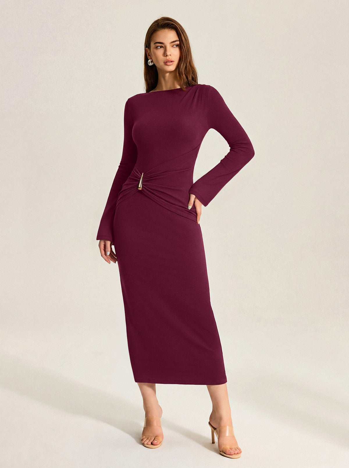 Boat Neck Slim Fit Ruched Bodycon Long Dress