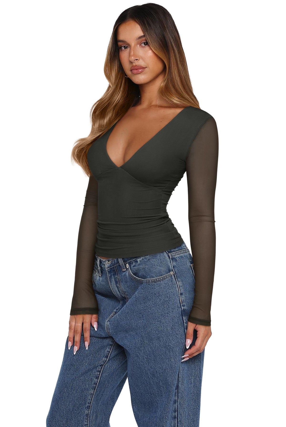 Long Sleeve Sheer Mesh V Neck Ruched Slim Fit Top
