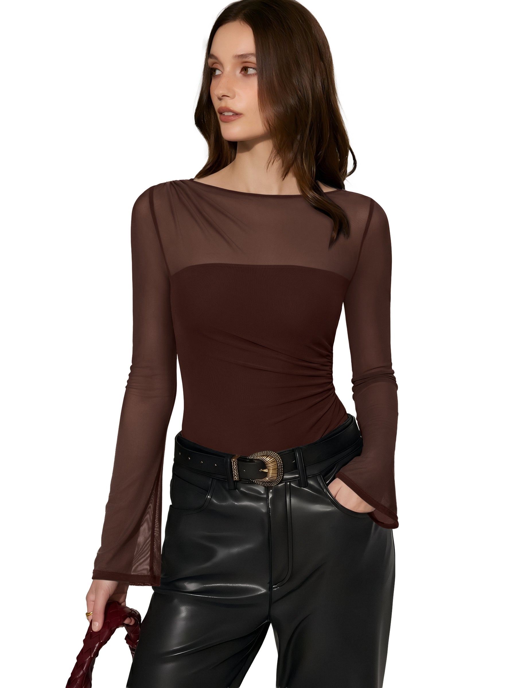 Long Sleeve Boat Neck Sheer Mesh Bodysuit