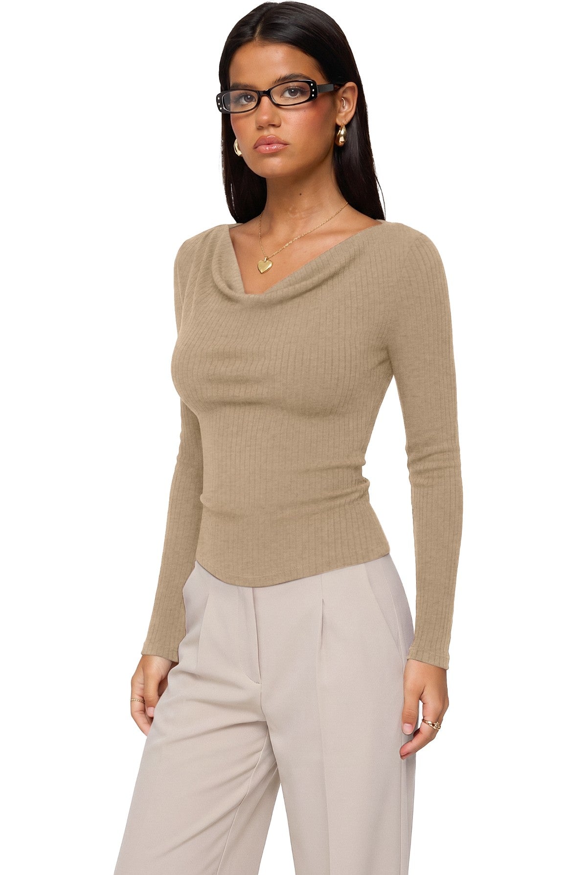 Cowl Neck Long Sleeve Slim Fit Casual Top