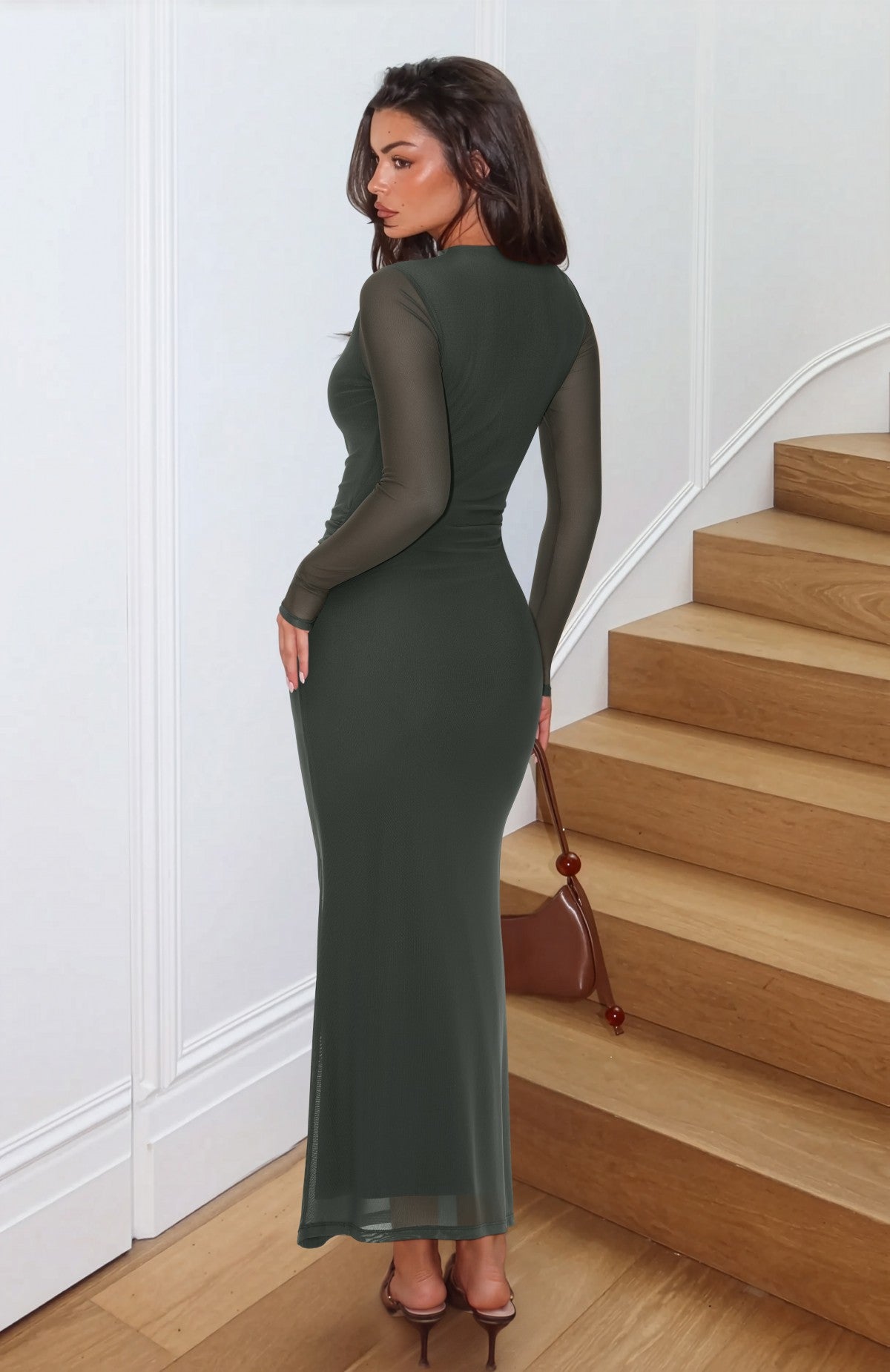 Mock Neck Sheer Mesh Slim Fit Ruched Maxi Dresses – REORIA
