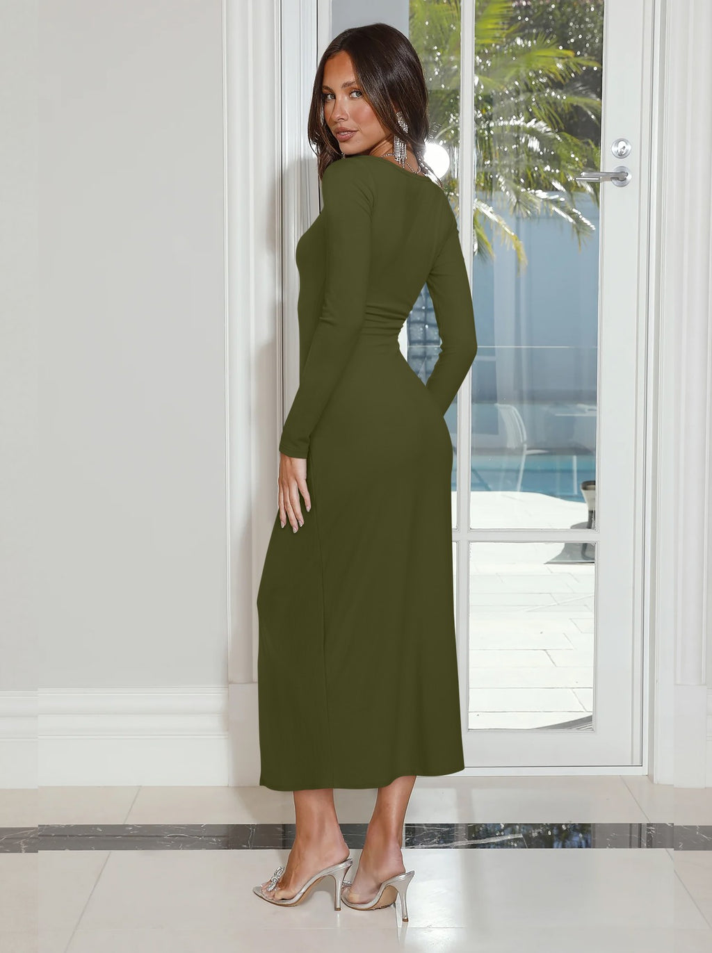 Asymmetrical Square Neck Cocktail Ruched Wrap Midi Dress